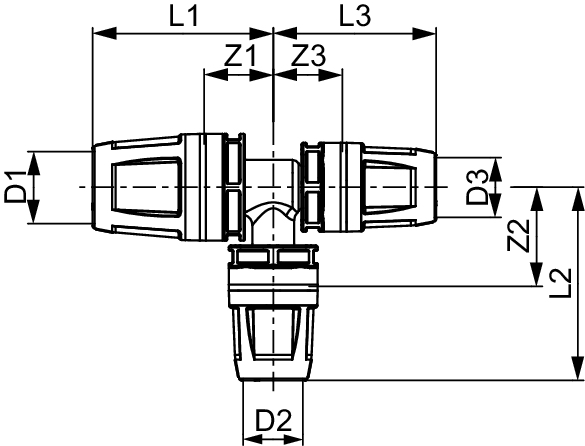TECElogo-Push T-Stück reduziert Dimension 32 × 25 × 25, PPSU