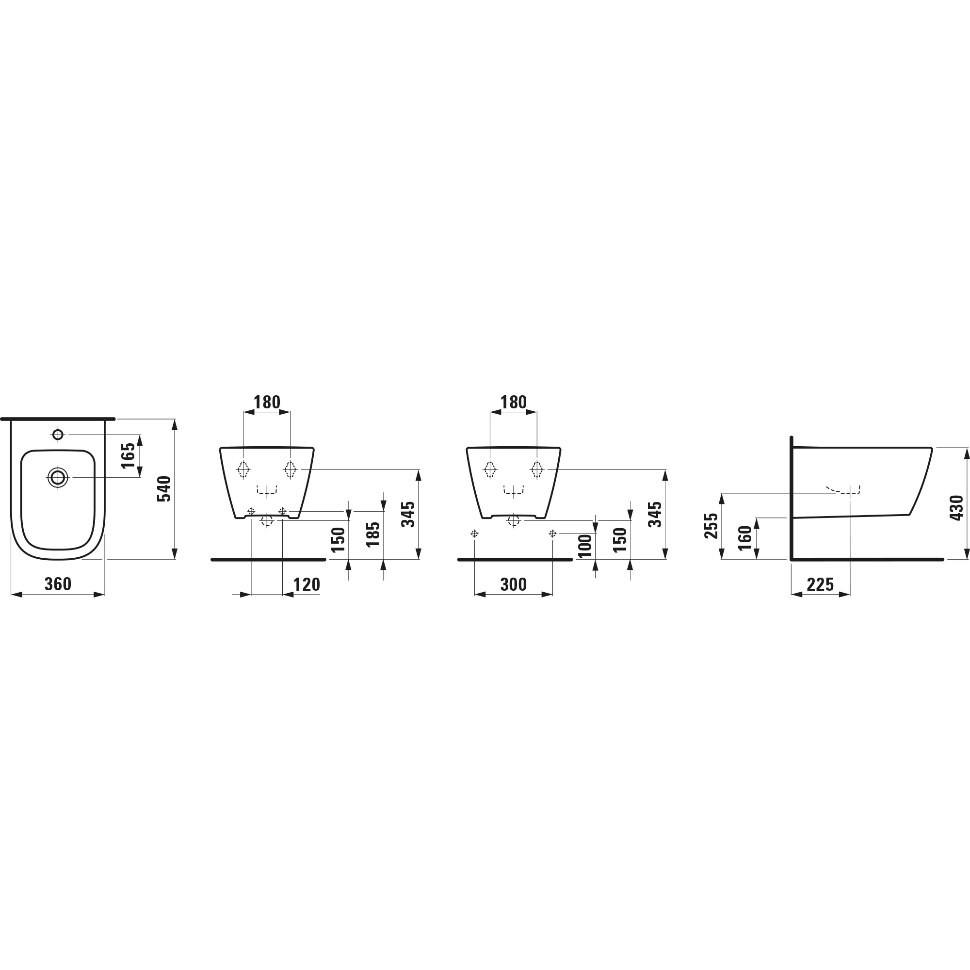 Wandbidet Advanced (verdeckte Befestigung), MEDA, 540x360, 1 Hahnloch mit Überlauf, ohne seitliches Loch für Wasseranschluss, weiß