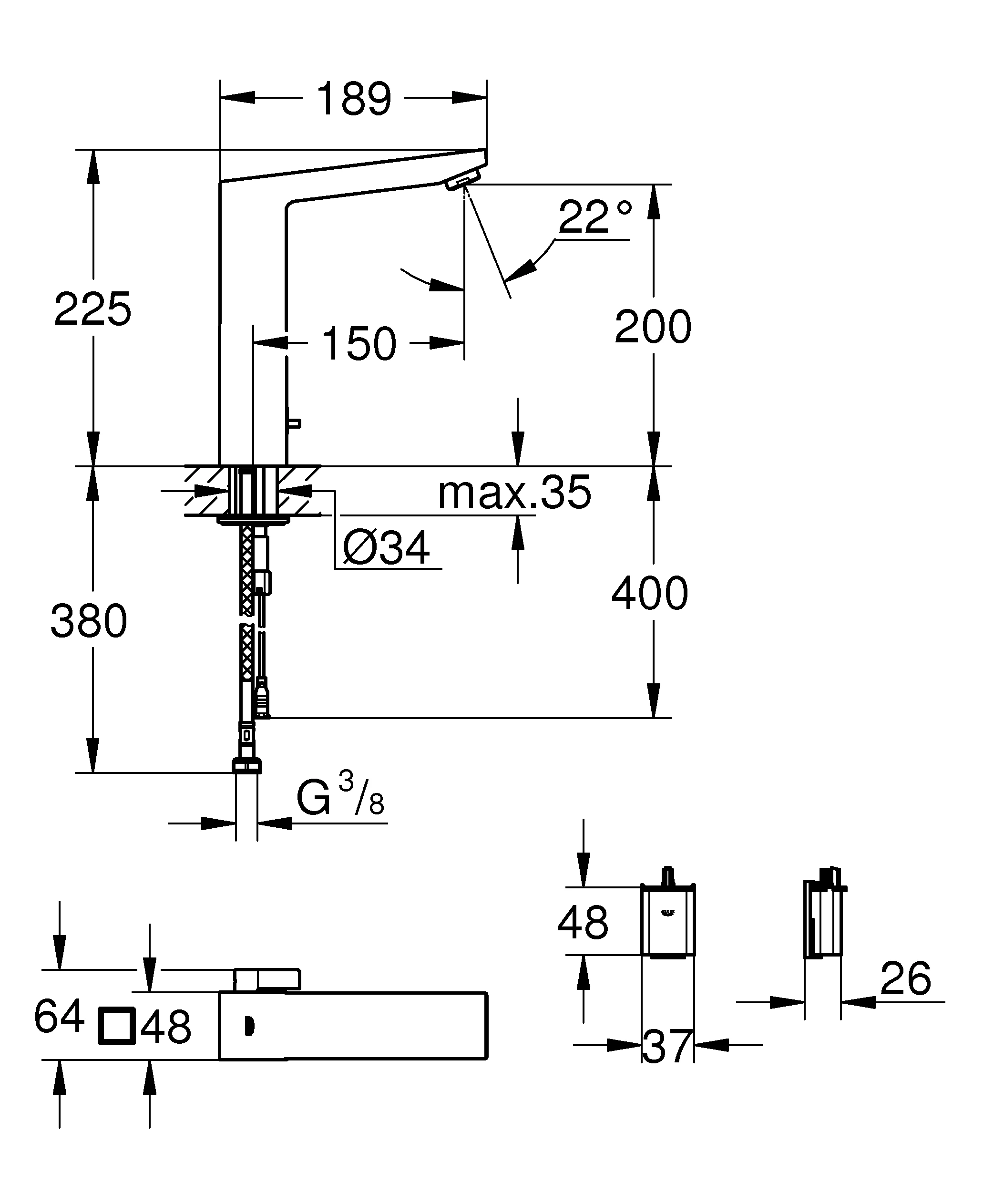 Infrarot-Elektronik für Waschtisch Eurocube E 36441, DN 15 mit Mischung und variabel einstellbarem Temperaturbegrenzer, 6 V Lithium-Batterie, Typ CR-P2, chrom