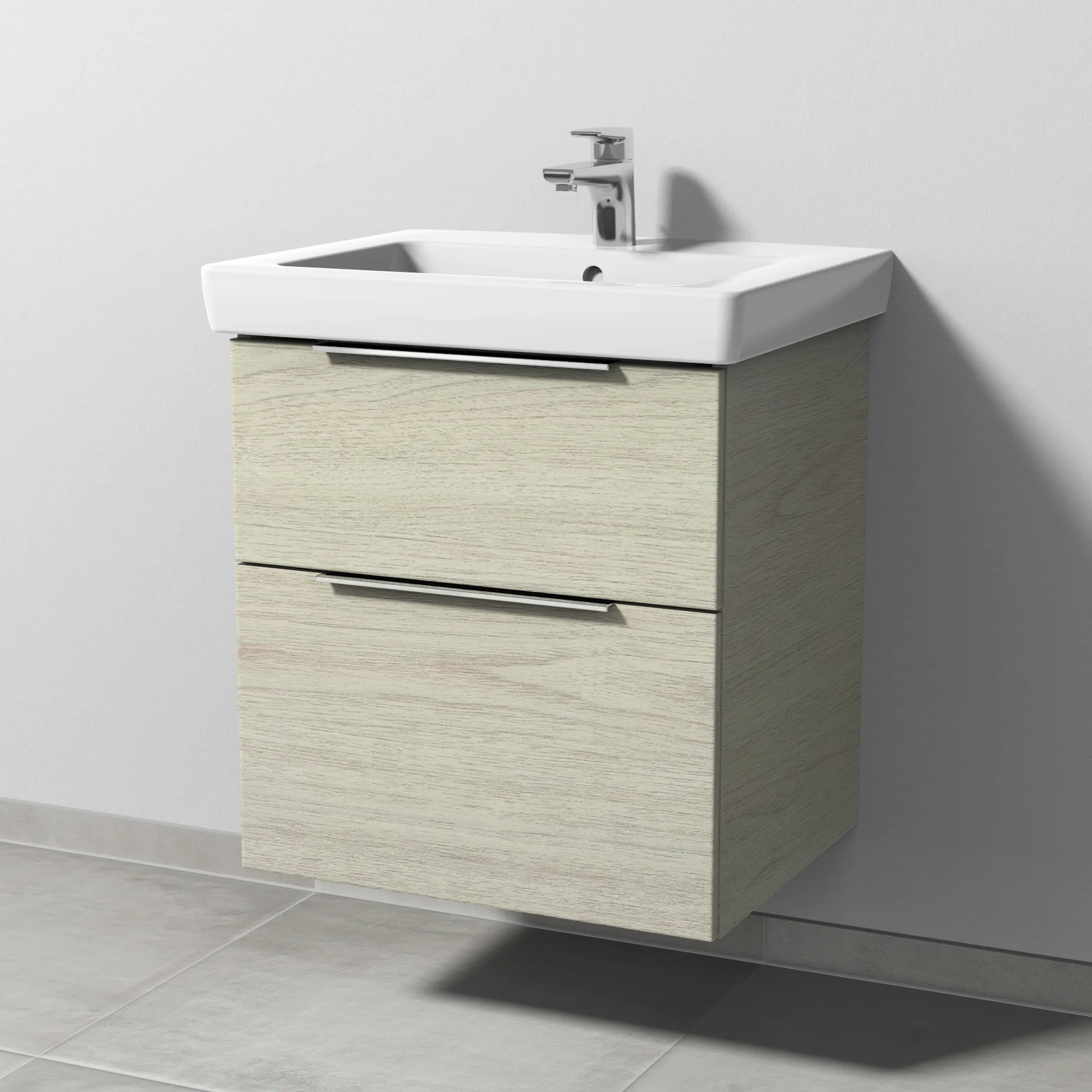 Sanipa Waschtischunterschrank „3way“ passend zu Keramik-Waschtische Subway 2.0 von Villeroy & Boch 550 × 593 × 447 mm in White Oak, Becken mittig