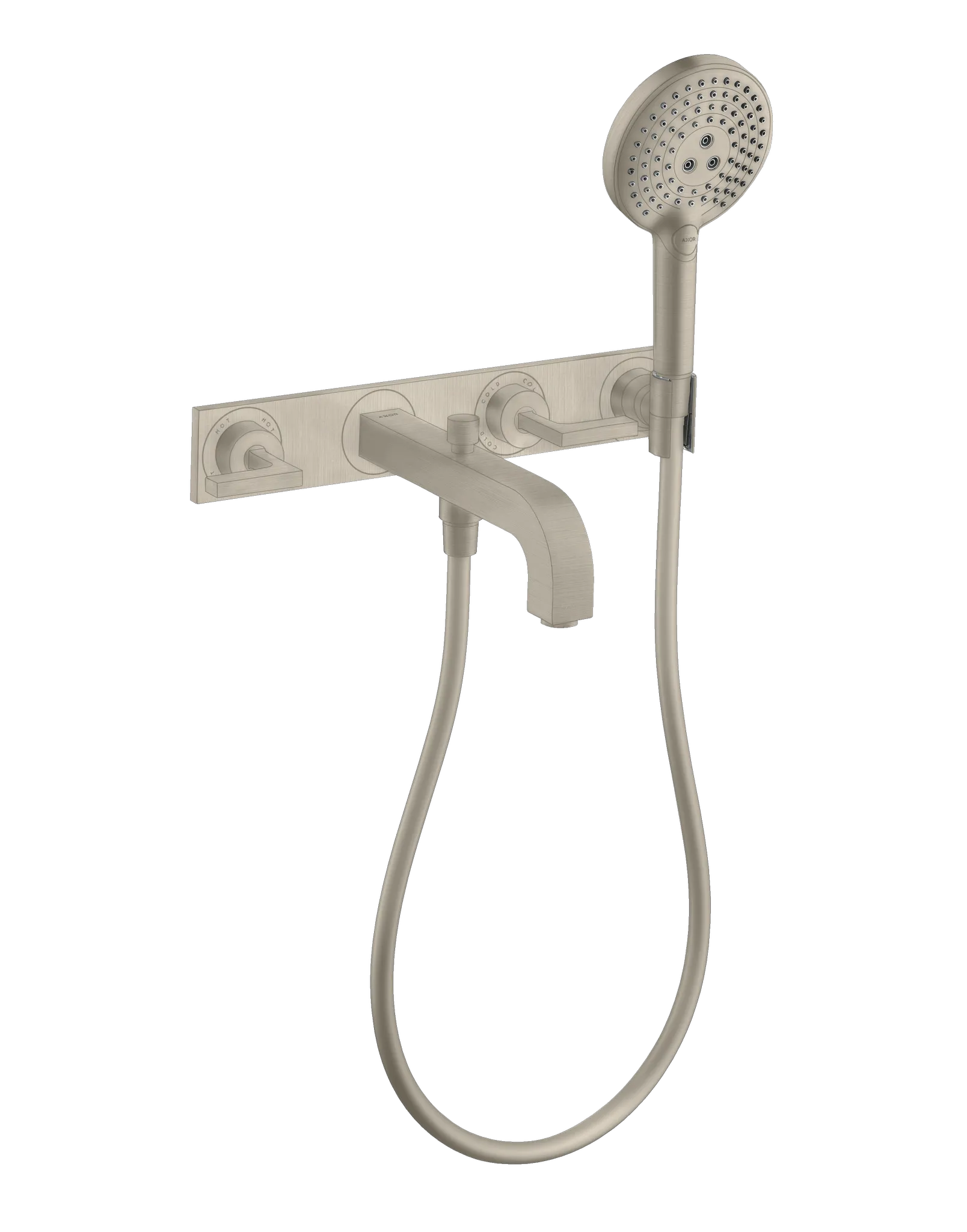 Hansgrohe AXOR Citterio 3-Loch Wannenarmatur Unterputz Brushed Nickel, Ausladung 222 mm, mit Handbrause und Platte