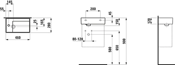 Handwaschbecken Kartell • 280x460x150 asymmetrisch 1 Hahnloch ohne Überlauf mit Armaturenbank links weiß