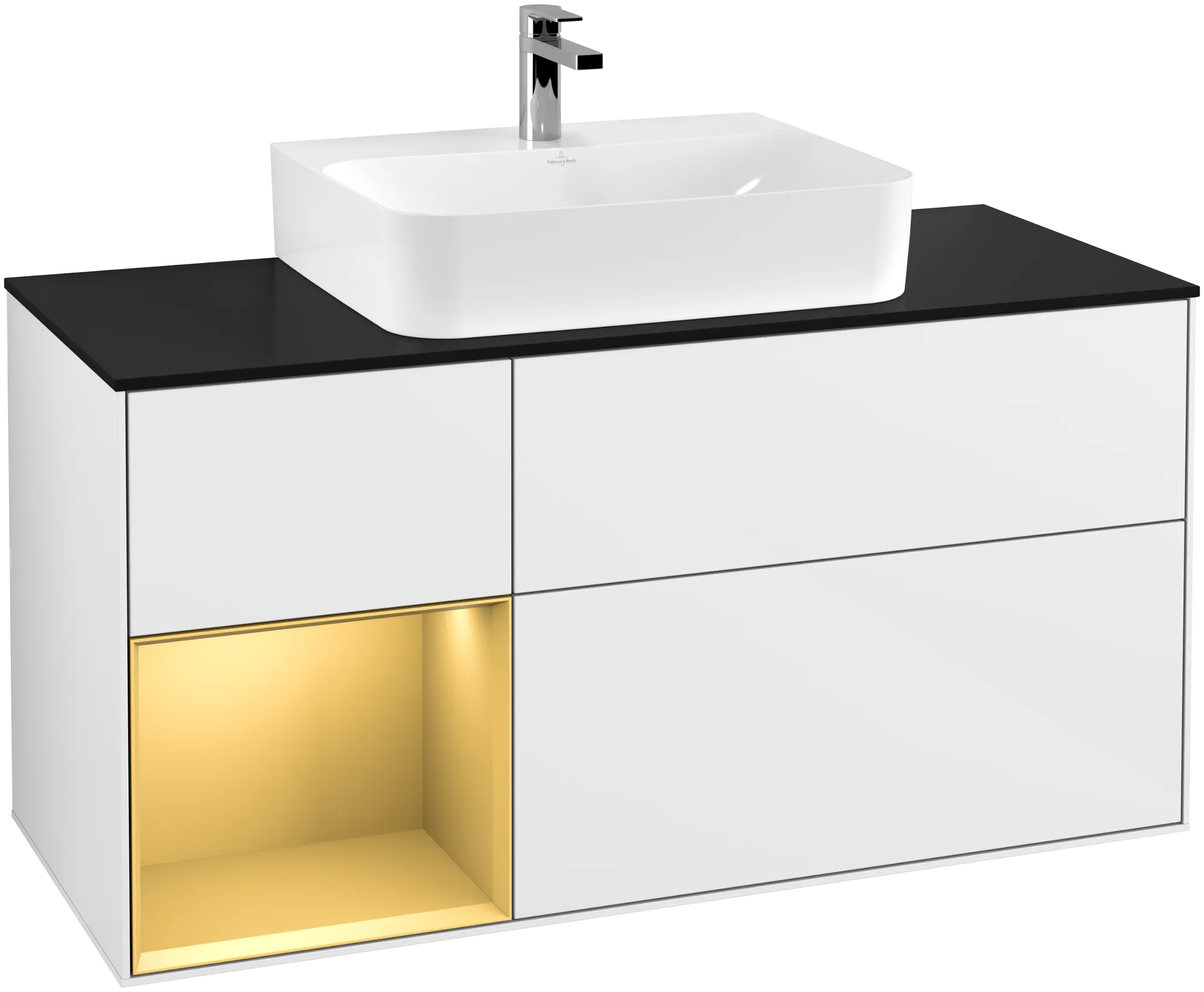 Villeroy & Boch Finion Waschbeckenunterschrank G16 1200x603x501mm Glossy White Lacquer / Gold Matt Lacquer / Glass Black Matt