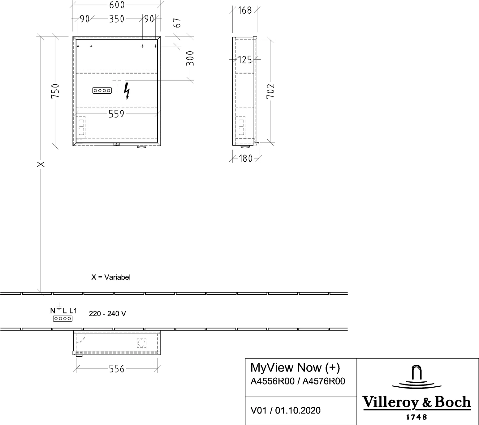 Villeroy & Boch My View Now Vorbau-Spiegelschrank A4556R, 600x750x168mm mit Beleuchtung