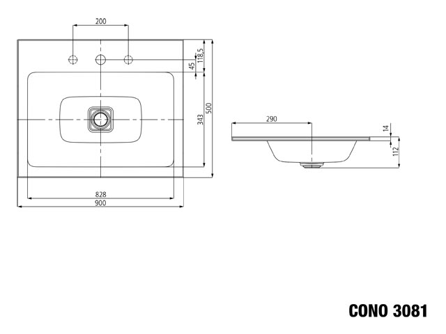 Einbauwaschtisch „Cono“ 90 × 50 cm, mit Hahnlochbohrung, ohne Überlauf, mittig in alpinweiß mit Perl-Effekt