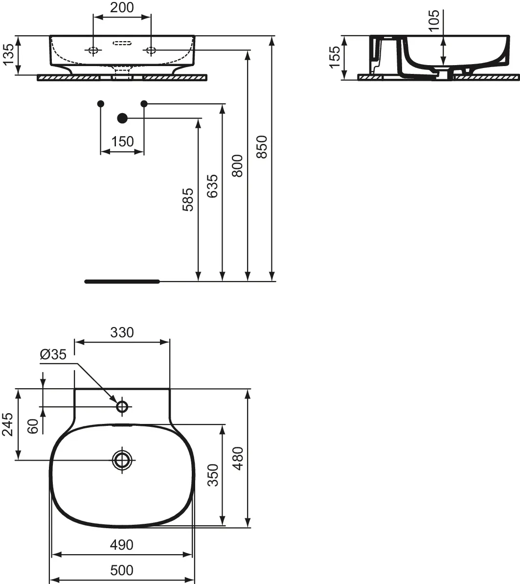 Waschbecken „Linda-X“ 50 × 48 × 13,5 cm, Hahnlochposition mittig in Seidenweiß Waschbecken „Linda-X“ 50 × 48 × 13,5 cm, Hahnlochposition mittig in Seidenweiß
