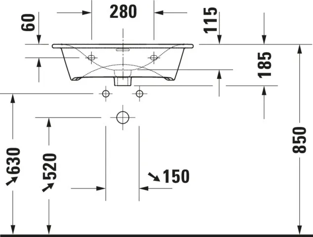 Möbelwaschtisch Viu 630mm, Weiß mit Überlauf, mit HLB, 1 Hahnloch