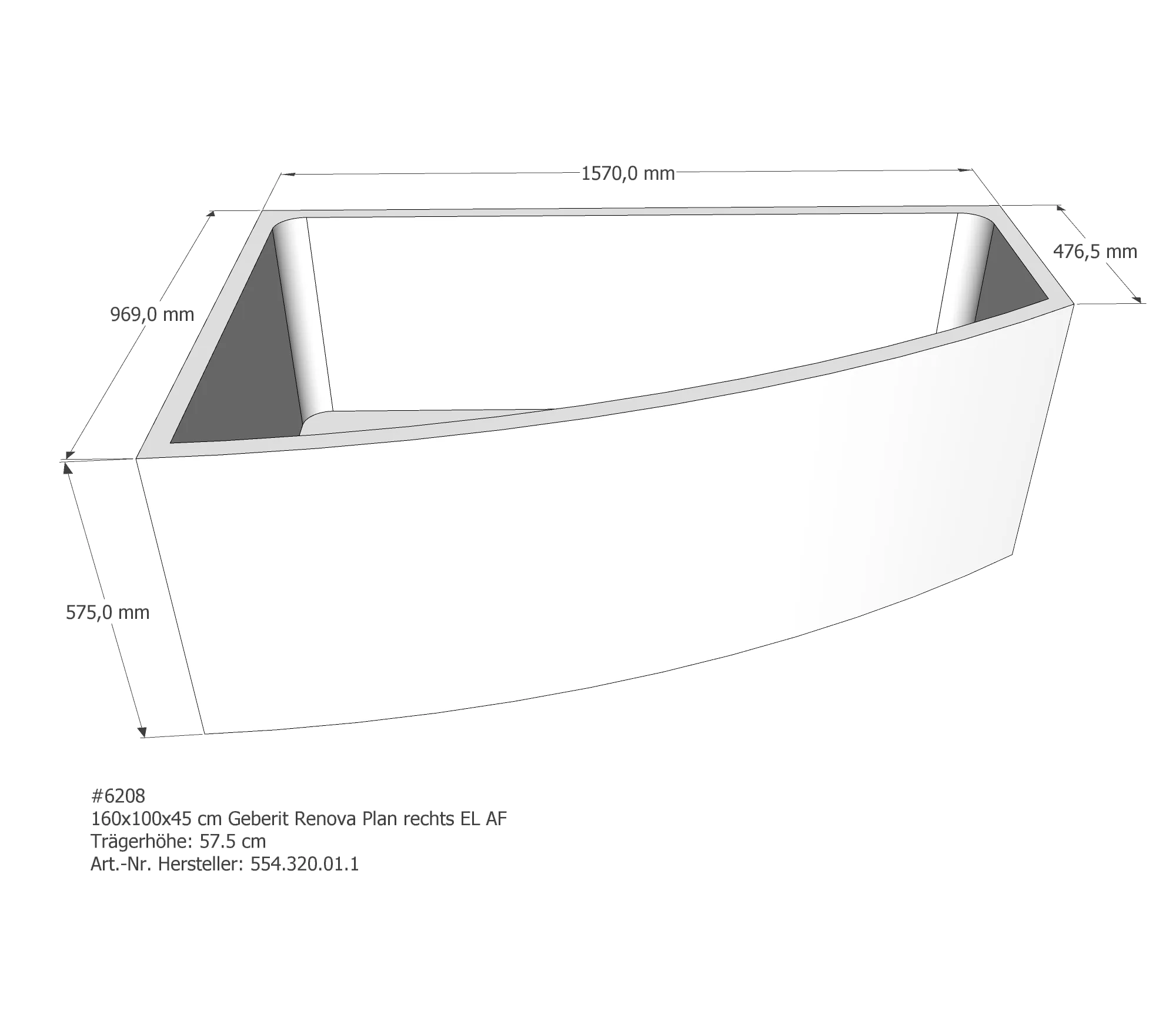 Badewannenträger für Geberit Renova Plan asym. rechts rechts 160 × 100 × 45 cm