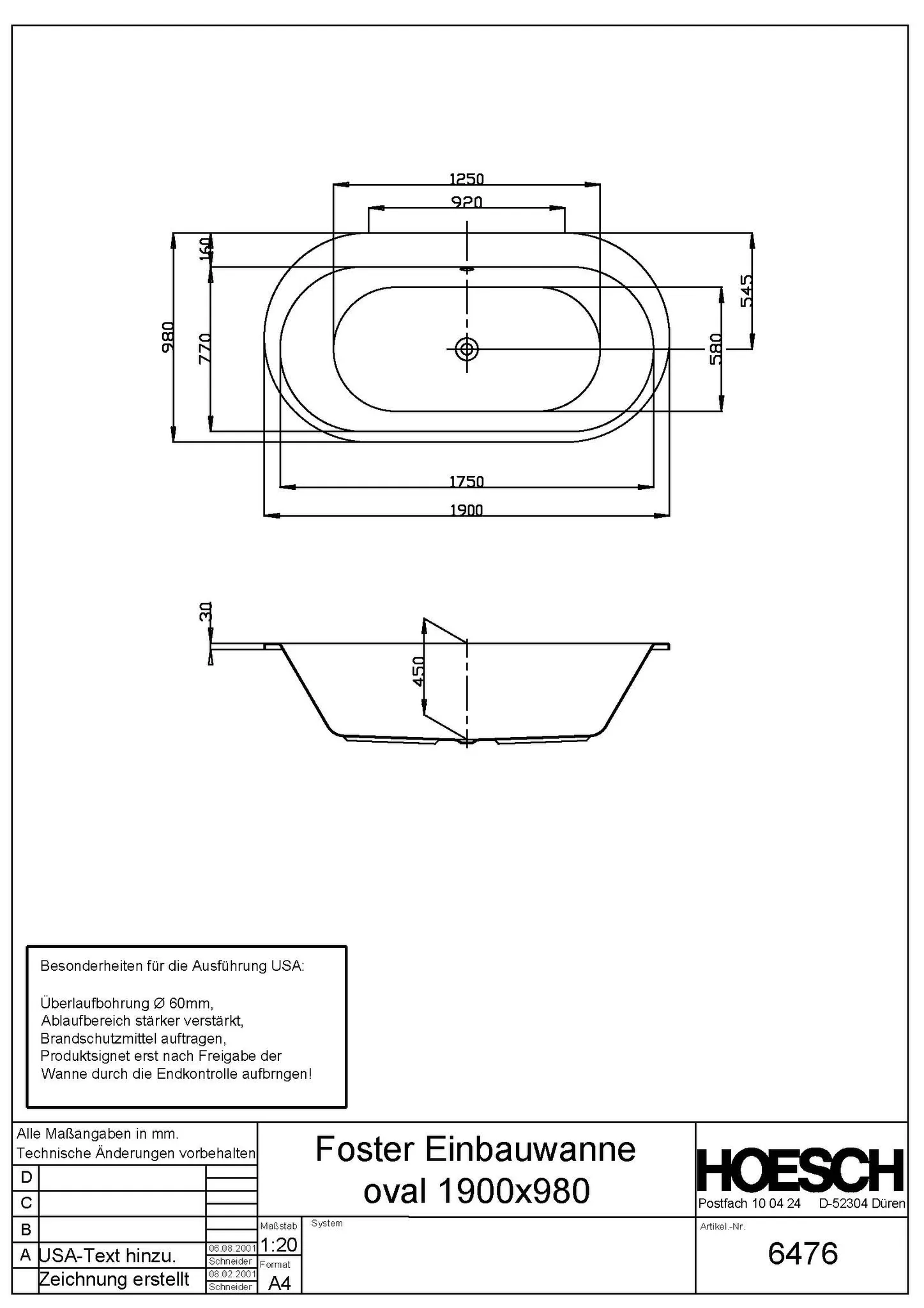 Hoesch Badewanne „Foster“ oval 190 × 98 cm in Weiß