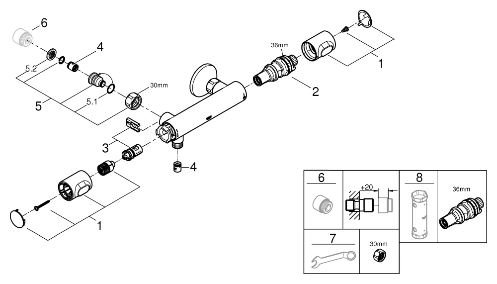 Thermostat-Brausebatterie Grohtherm 500 34794, Wandmontage, ohne Absperrverschraubung, eigensicher, chrom Thermostat-Brausebatterie Grohtherm 500 34794, Wandmontage, ohne Absperrverschraubung, eigensicher, chrom