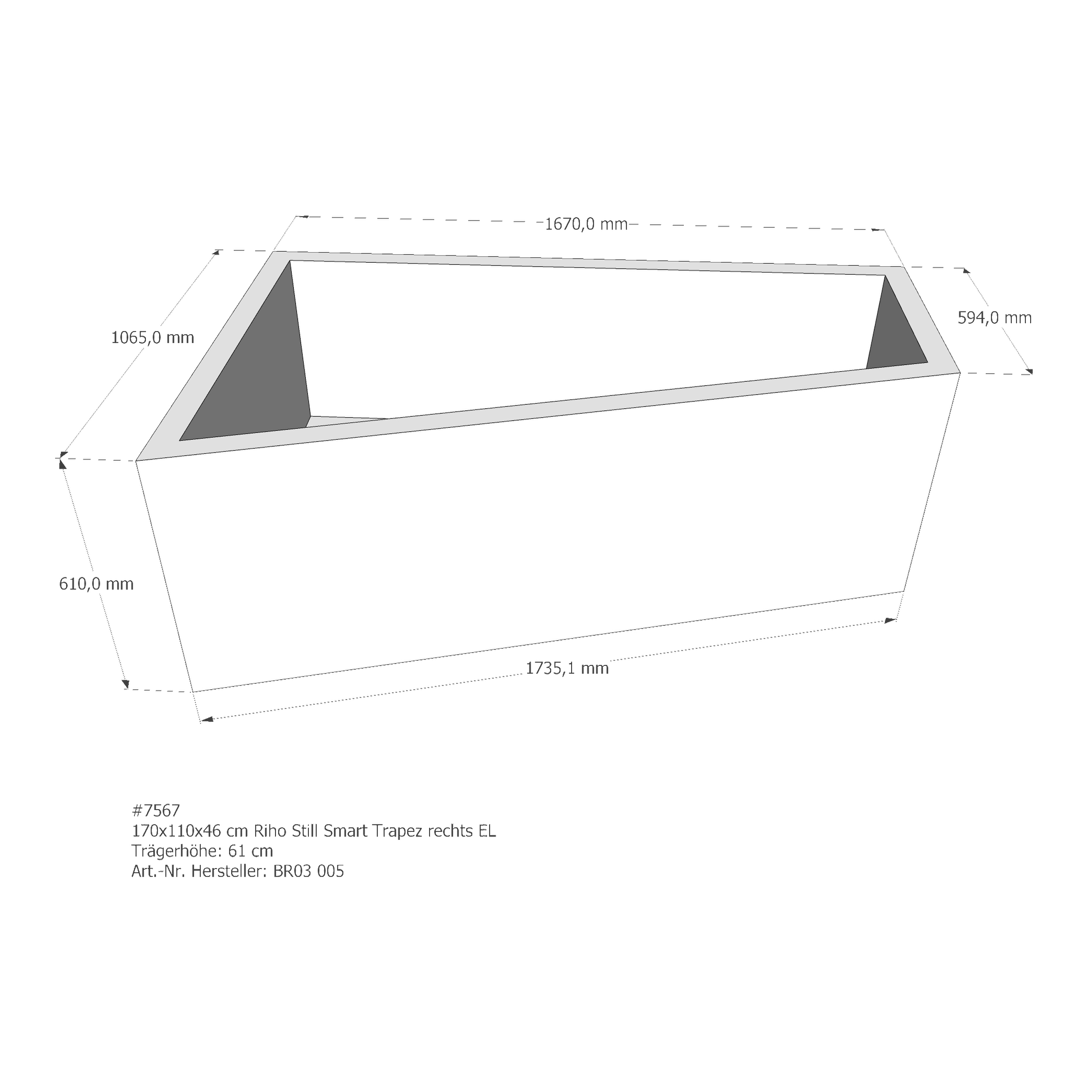 Badewannenträger für Riho Still Trapez rechts 170 × 110 × 46 cm