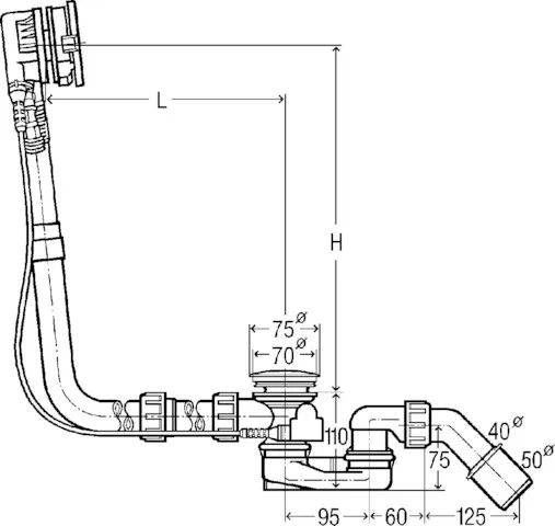 Viega Ab- und Überlaufgarnitur mit Zulauffunktion Modell 6161.70 „Multiplex Trio“ 6161.70 in 1070 mm × DN40 / 50 verchromt 11 cm
