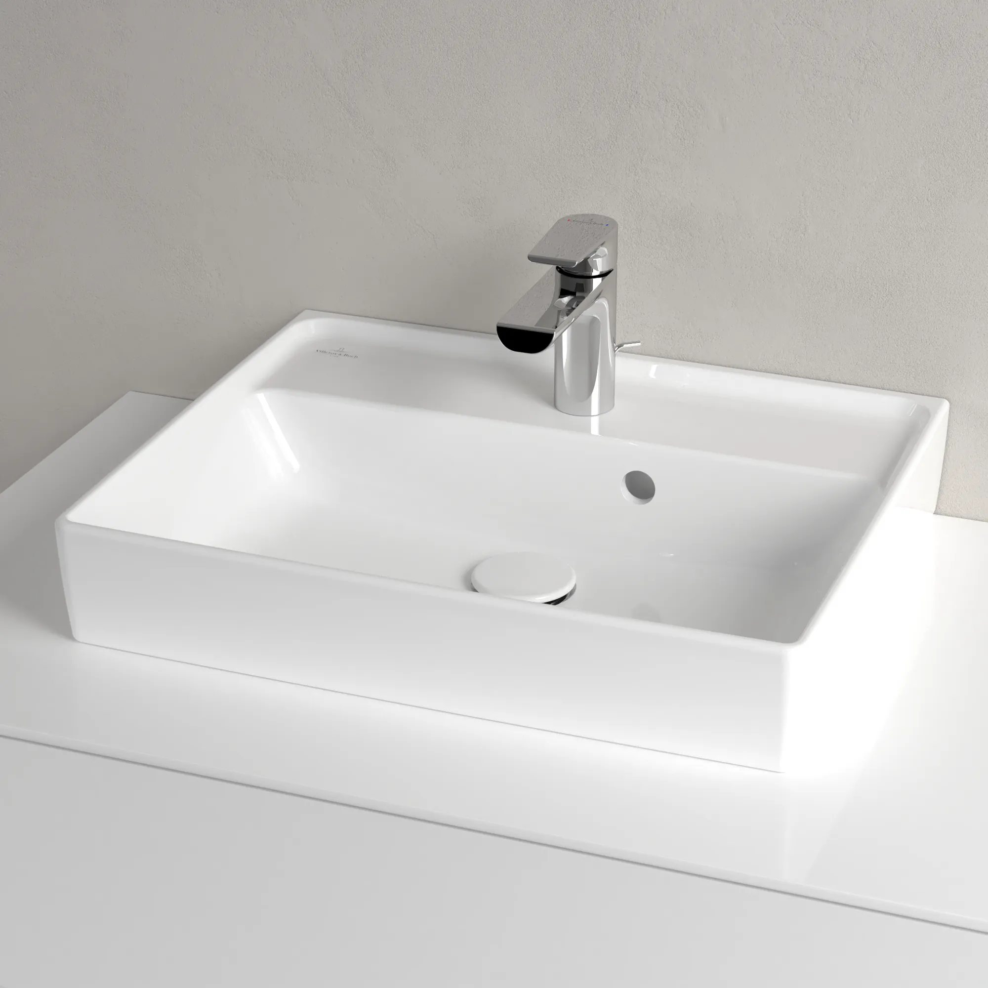Villeroy & Boch Handwaschbecken aus TitanCeram geschliffen „Collaro“ 500 × 400 × 150 mm, mit Hahnlochbohrung, Hahnlochposition mittig in Weiß Alpin