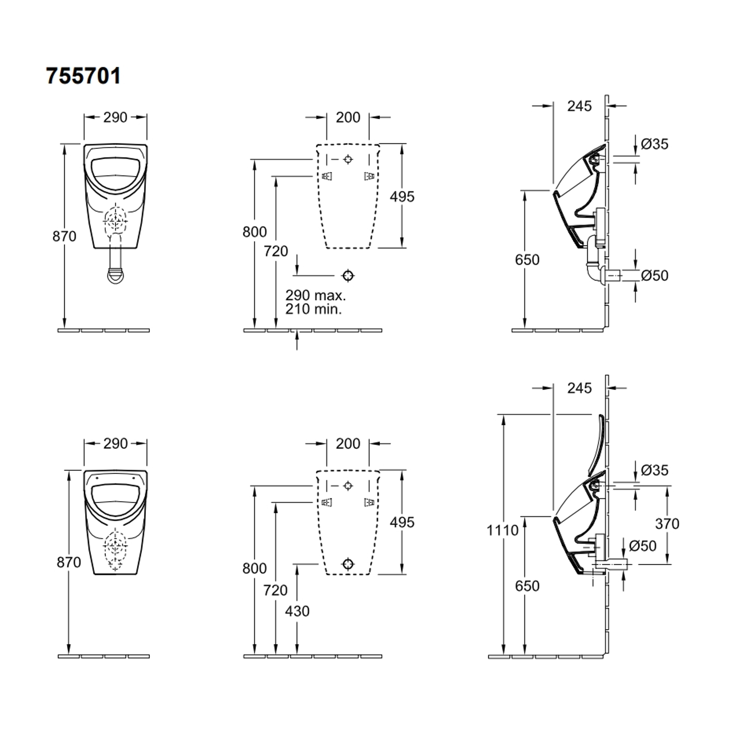 Villeroy & Boch Absaug-Urinal compact O.novo inkl. CeramicPlus, Deckel und Vorwandelement