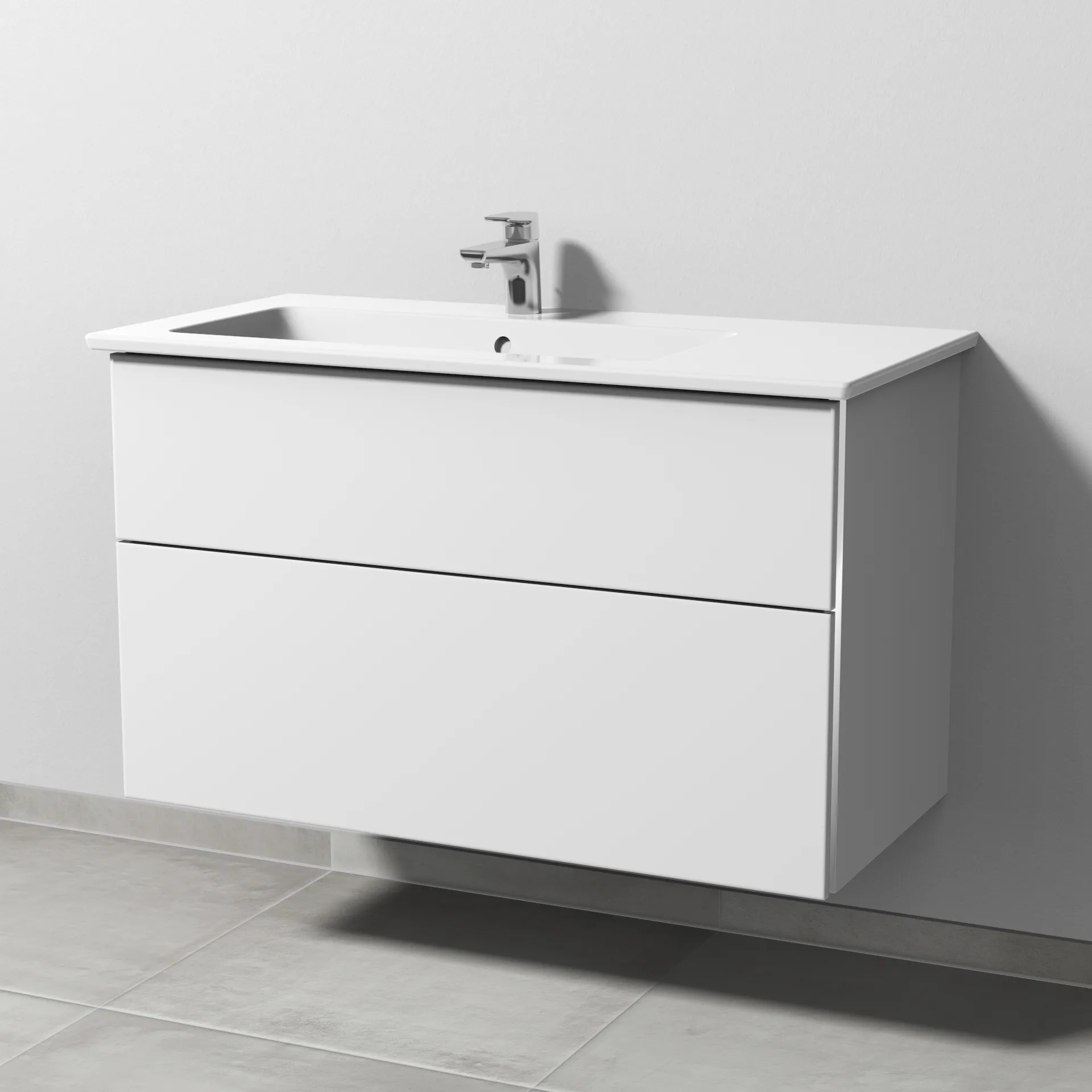 Sanipa Keramik-Waschtisch-Waschtischunterschrank mit Waschtischunterschrank „3way“ 955 × 591 × 477 mm in Weiß-Soft, mit Hahnlochbohrung, Becken links