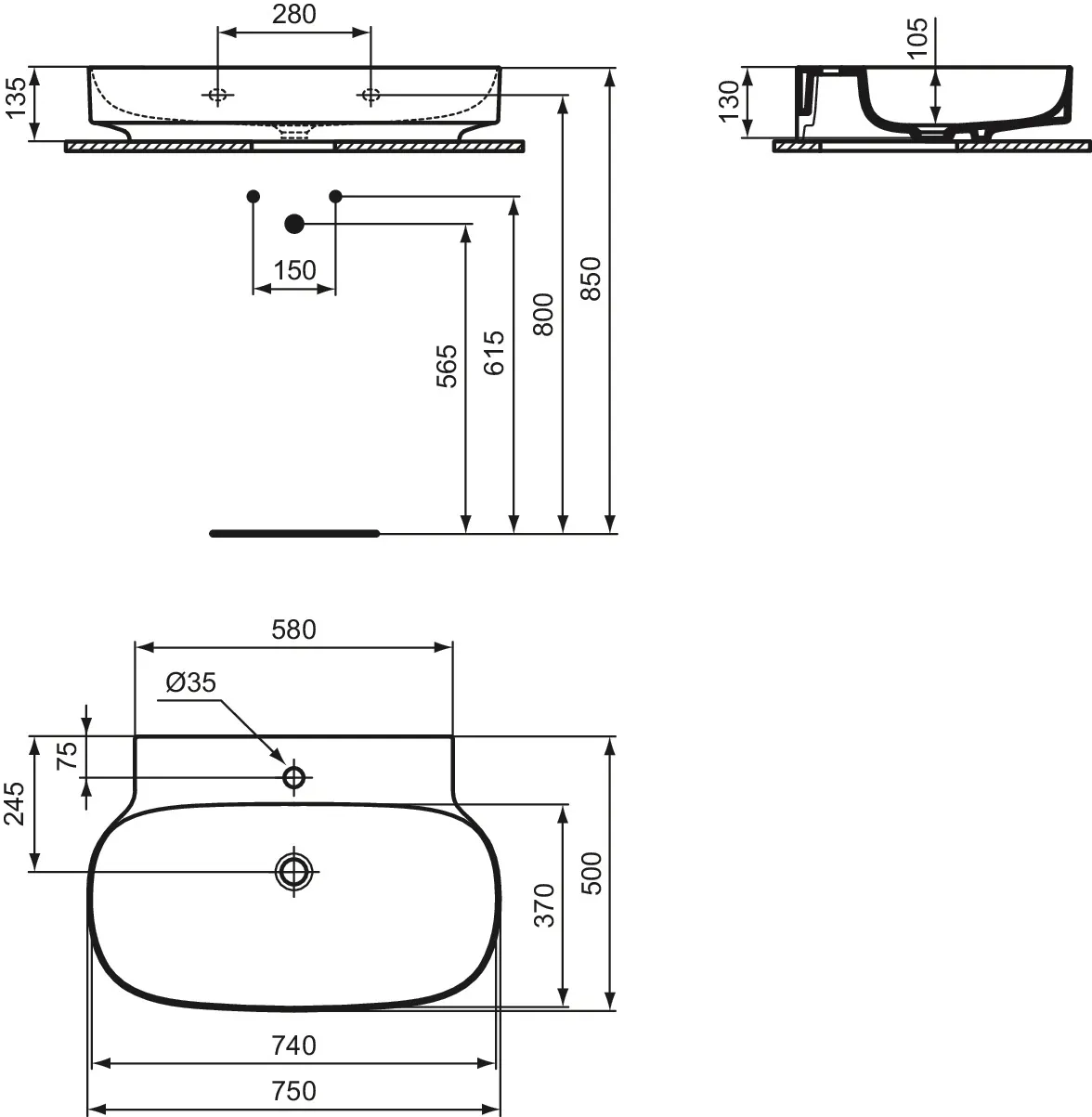 Ideal Standard Waschtisch Linda-X, 1 Hahnloch, weiß, 750x500x135 mm, geschliffen Ideal Standard Waschtisch Linda-X, 1 Hahnloch, weiß, 750x500x135 mm, geschliffen