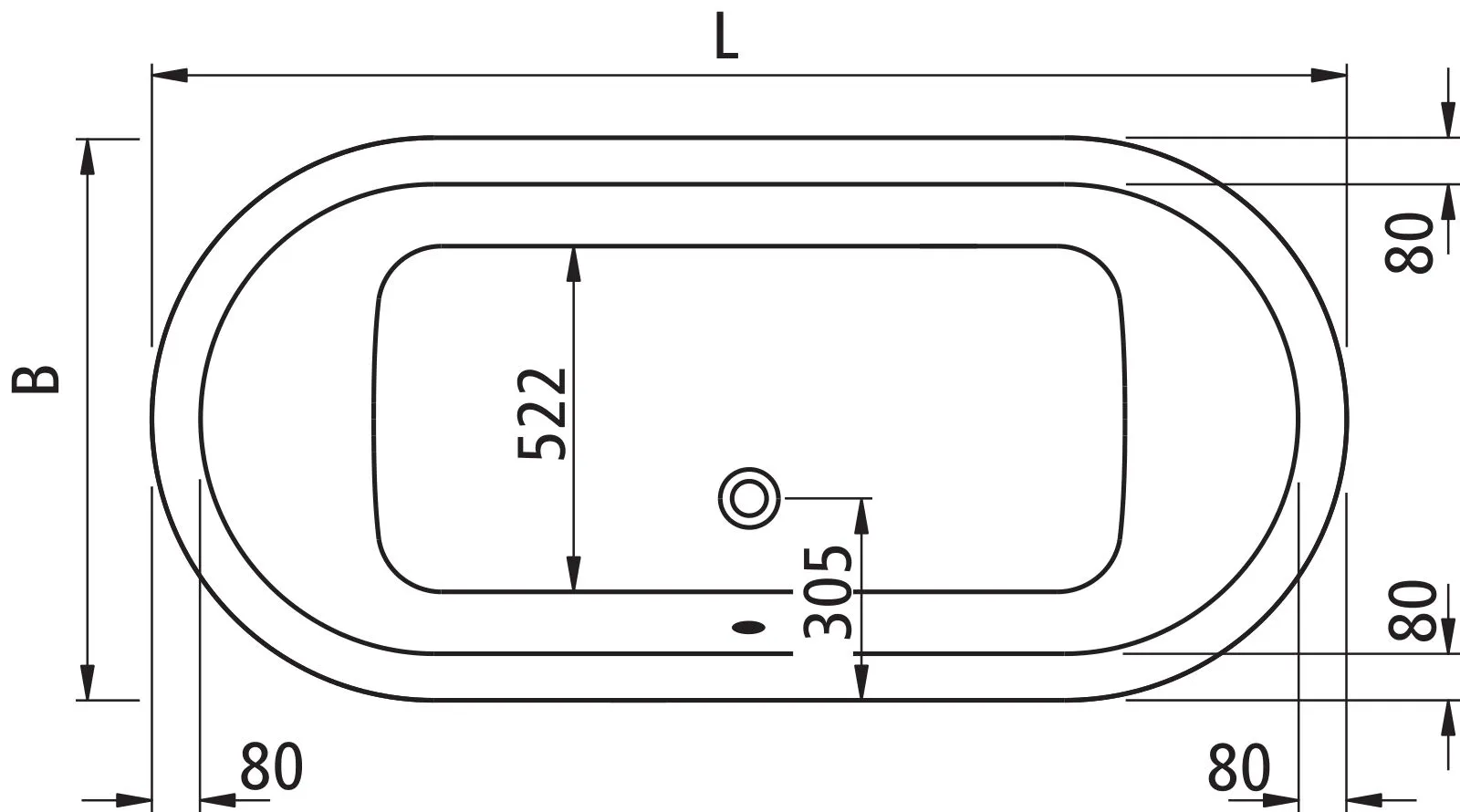 Kermi Duschdesign Ovalbadewanne LIVORO VL1 VXG, weiß, 1800 x 850 mm, 450 mm Tiefe, 600-650 mm Einbauhöhe