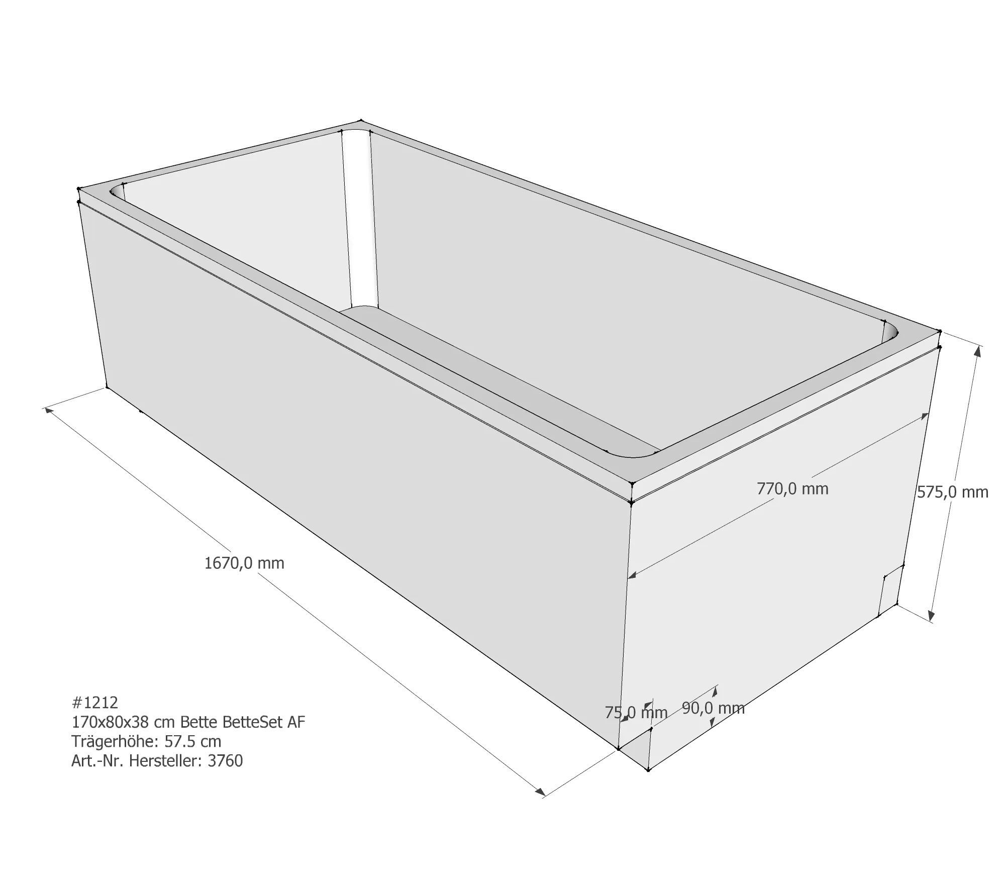 Badewannenträger passend für Bette BetteSet 170 × 80 × 38 cm Breite: 80 cm / Länge: 170 cm