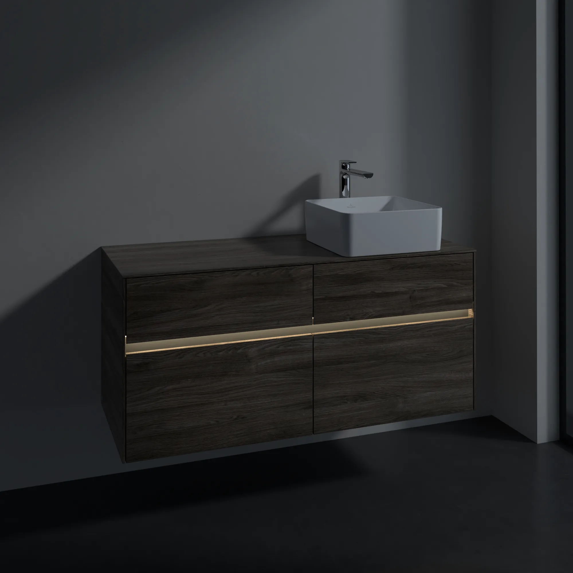 Villeroy & Boch Waschtischunterschrank „Collaro“ 1200 × 548 × 500 mm Stone Oak, für Becken rechts, mit Beleuchtung Villeroy & Boch Waschtischunterschrank „Collaro“ 1200 × 548 × 500 mm Stone Oak, für Becken rechts, mit Beleuchtung