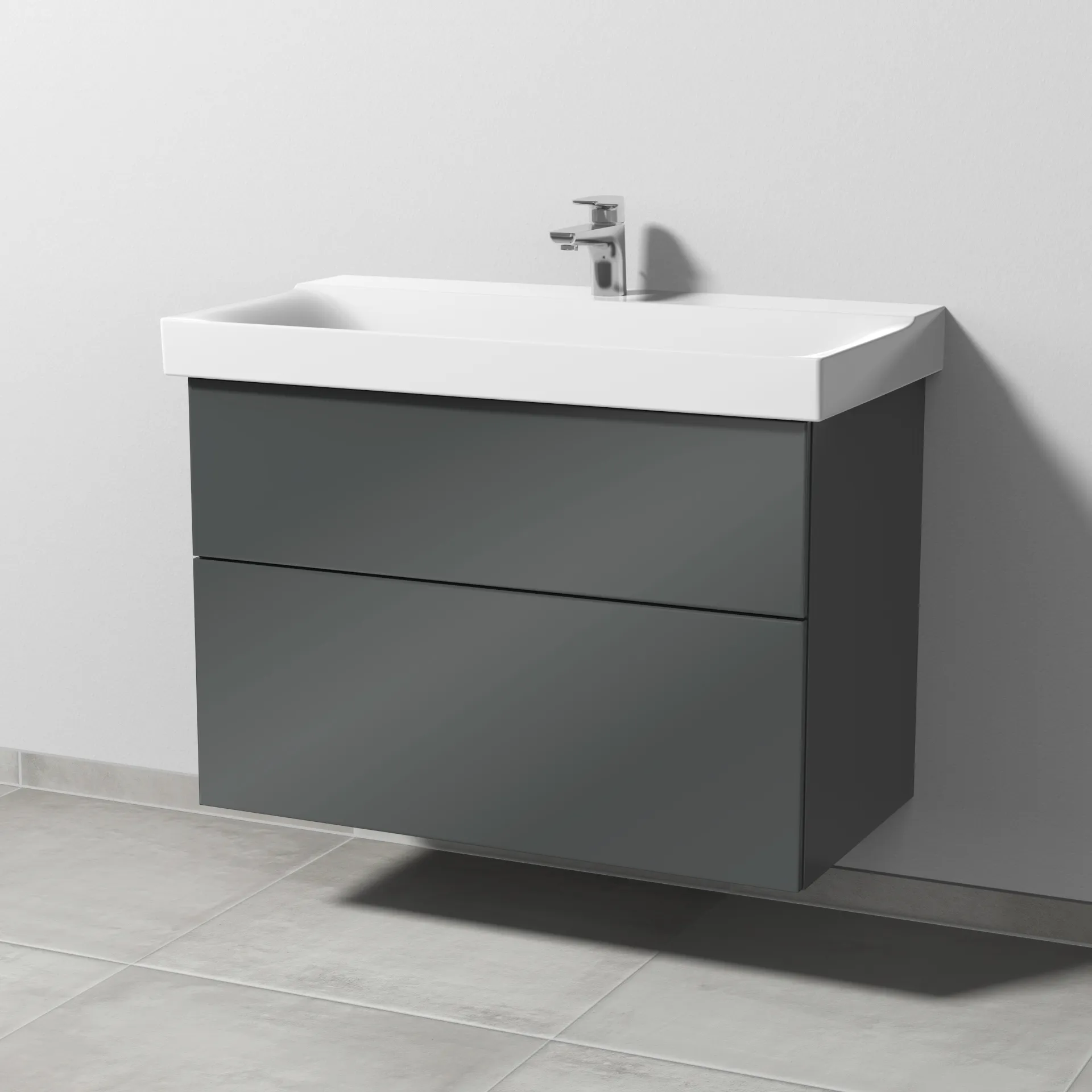 Sanipa Waschtischunterschrank „3way“ passend zu Keramik-Waschtische Xeno2 von Geberit 850 × 593 × 452 mm in Anthrazit (glanz), Becken mittig