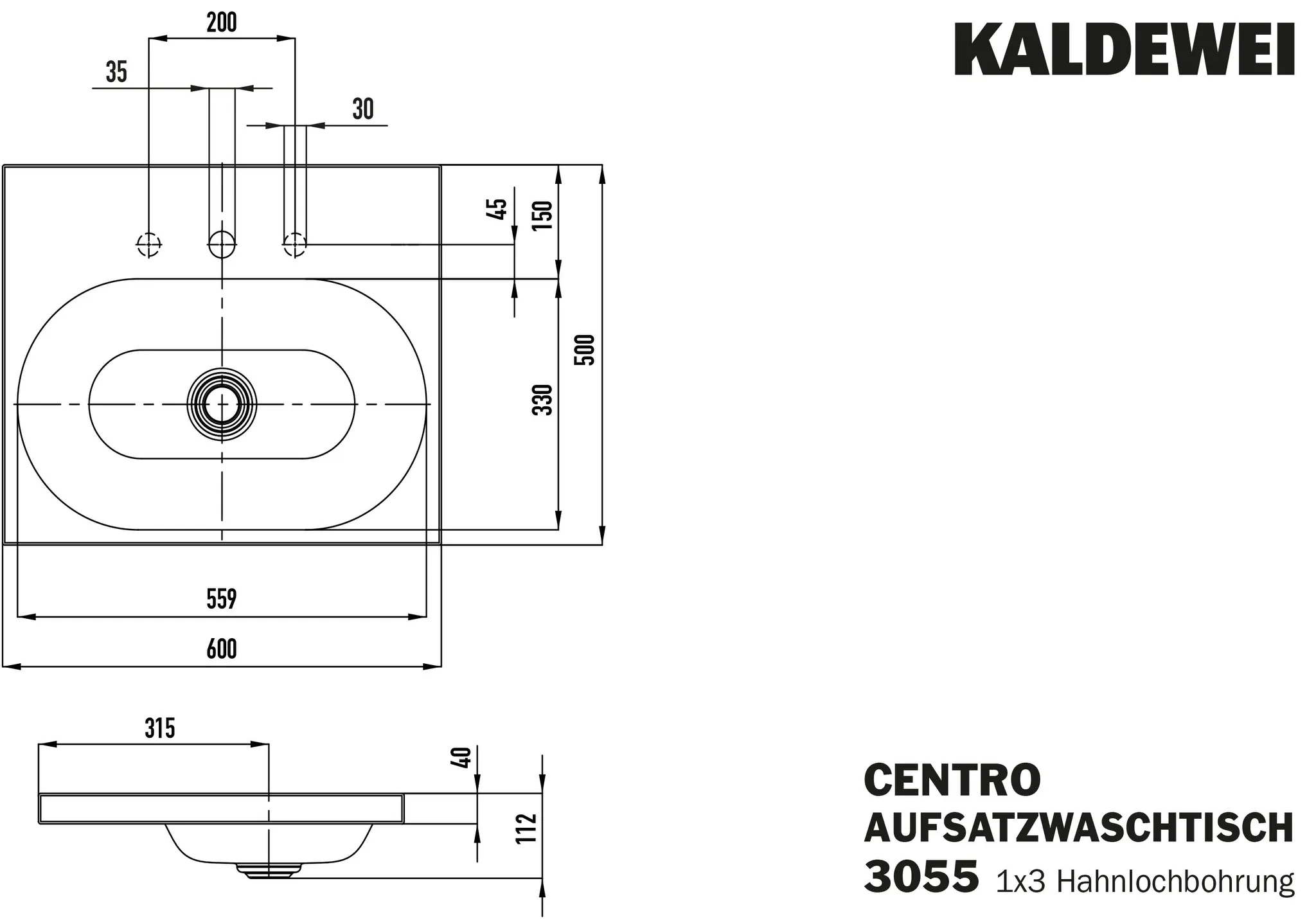 Aufsatzwaschtisch „Centro“ 60 × 50 cm, mit Hahnlochbohrung in schwarz, mit Perl-Effekt
