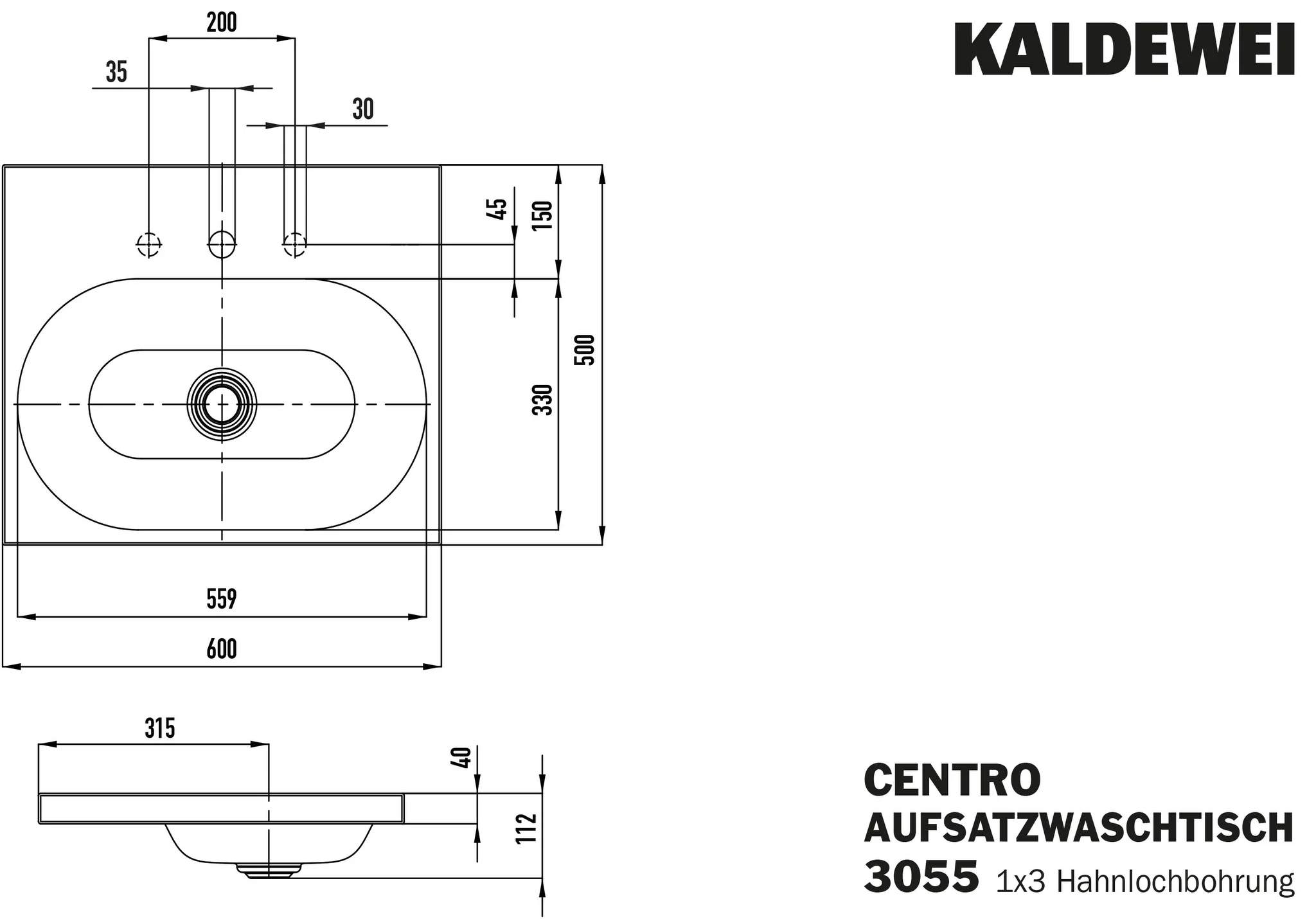 Kaldewei CENTRO Aufsatzwaschtisch, schwarz, 600x500 mm, Randhöhe 40 mm, Perl-Effekt, Antidröhn, 3er Hahnlochbohrung