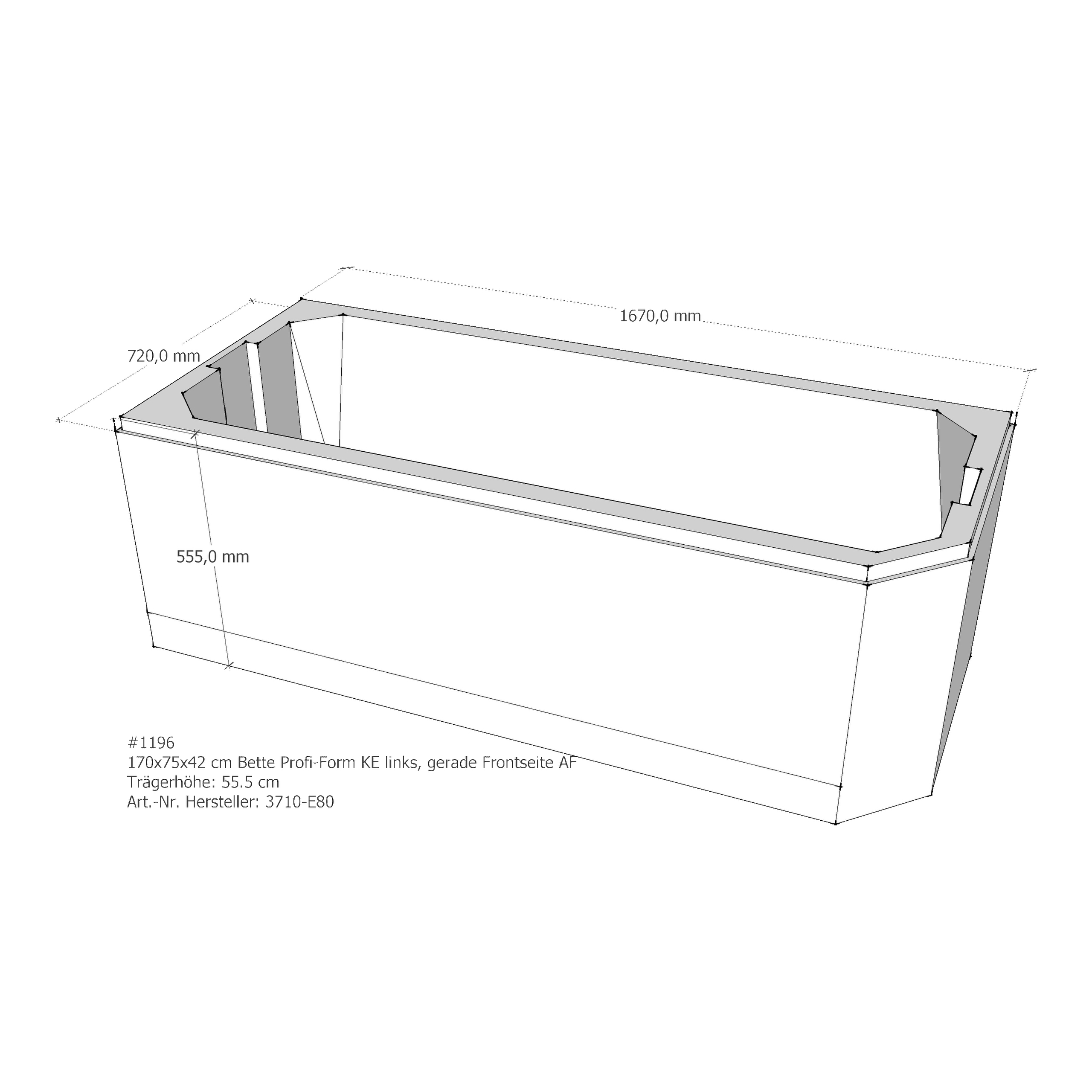 Badewannenträger für Bette BetteProfi-Form KE links 170 × 75 × 42 cm