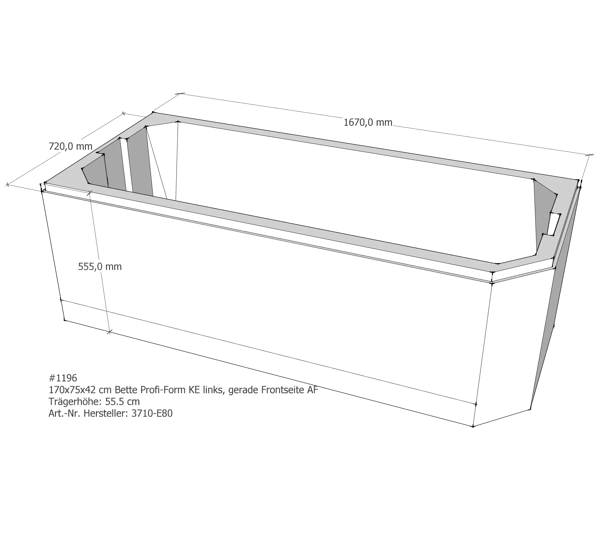 Badewannenträger für Bette Profi-Form KE links gerade Frontseite 170 × 75 × 42 cm Ausführung: links / Breite: 75 cm / Länge: 170 cm