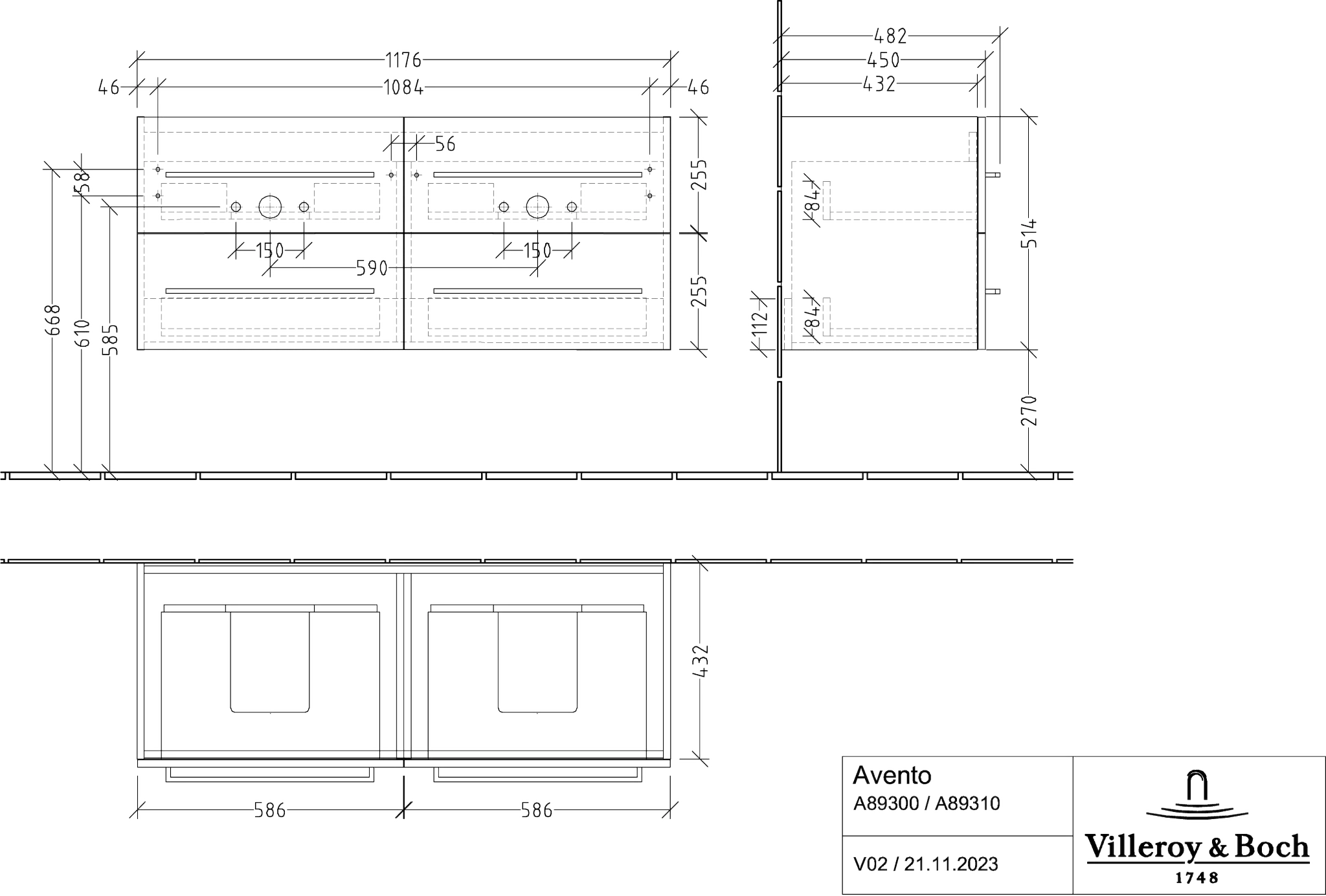 Villeroy & Boch Avento Waschbeckenunterschrank A89310, 1180 x 514 x 484 mm, Eckig, Waschbecken mittig, Arizona Oak Villeroy & Boch Avento Waschbeckenunterschrank A89310, 1180 x 514 x 484 mm, Eckig, Waschbecken mittig, Arizona Oak