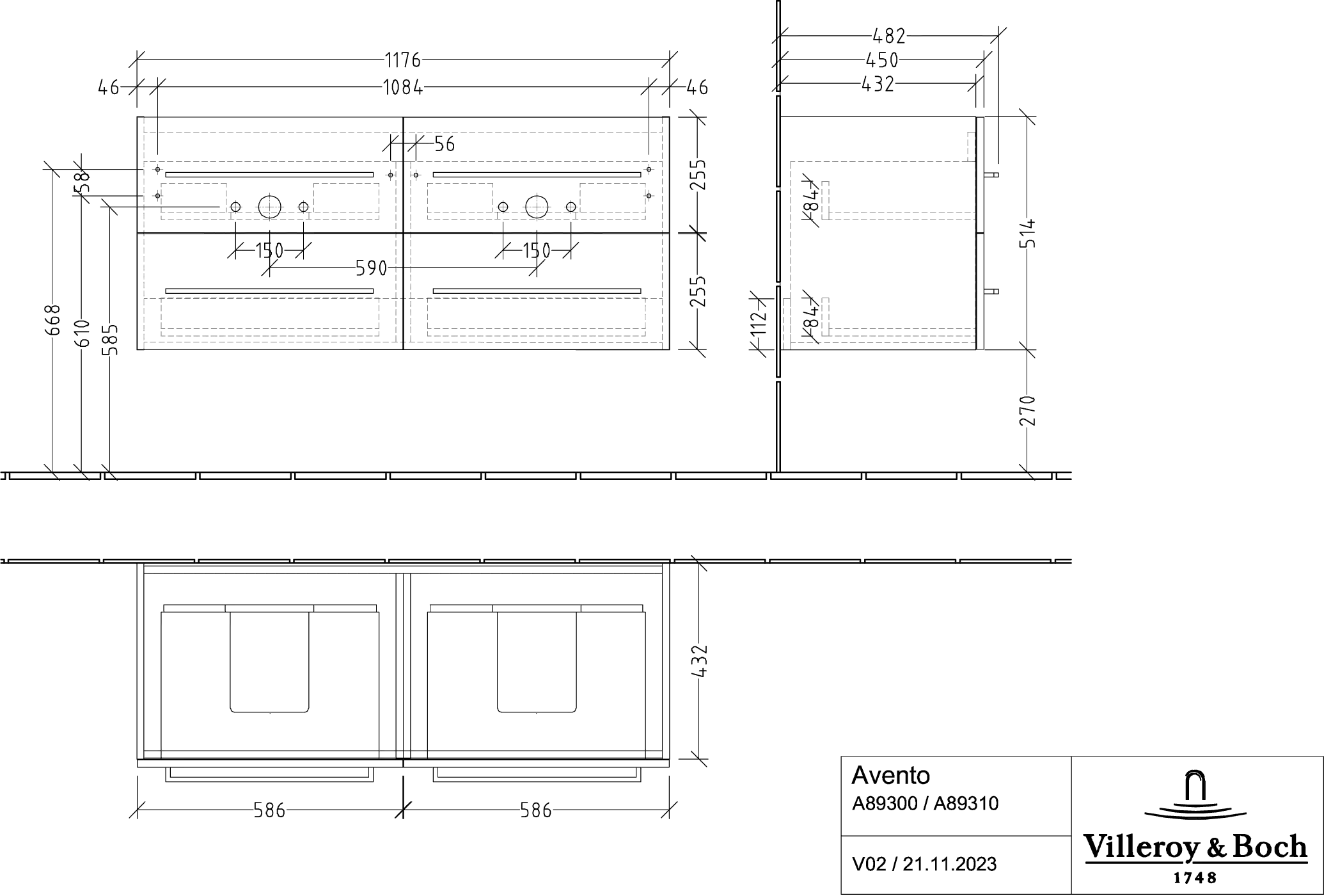 Villeroy & Boch Waschbeckenunterschrank Avento, Eckig, Brilliant White, 1180 x 514 x 452 mm, 4 Auszüge mit SoftClosing, mittige Wanneneinbauposition