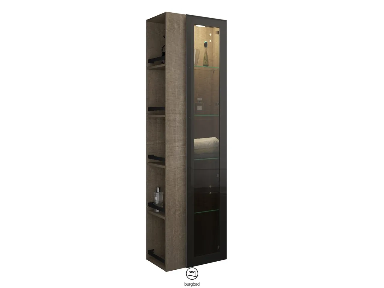 Hochschrank, 1 Alurahmentür mit Rauchglaseinsatz in Bronze;4 Glaseinlegeböden;LED-Innenbeleuchtung, 5 W, 4000 K;Energieeffizienzklasse F;für Raumschaltung;offenes Regal mit 4 Einlegeböden;IP20, Tiefe: 320 mm, Breite: 500 mm, Höhe: 1760 mm