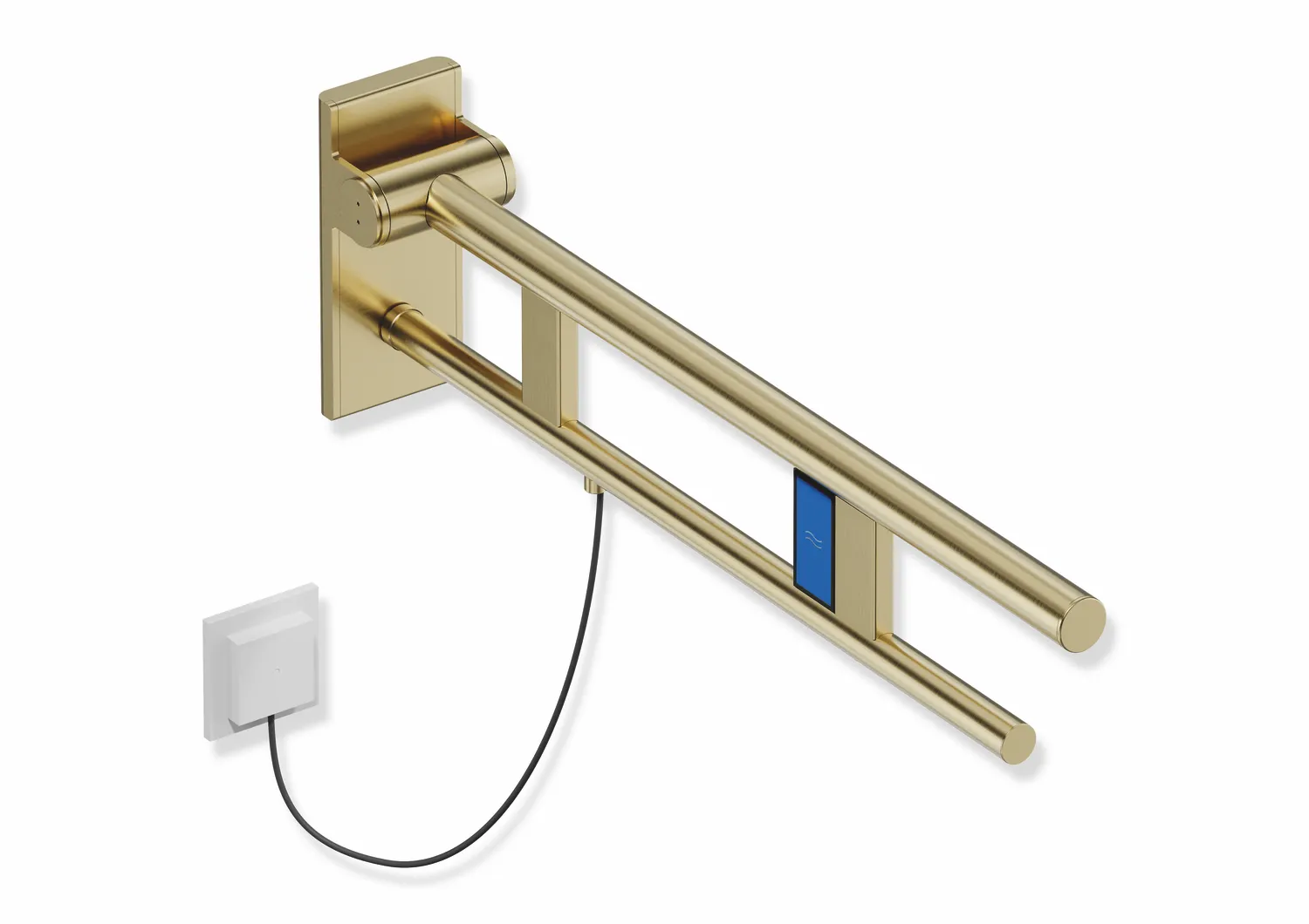 Stützklappgriff Duo, Design A des Systems 900, Edelstahl, PVD, Ausladung 700 mm, mit Spülauslösung (E-Ausführung), Ausführung links, in Farbe CK (messing glänzend) Stützklappgriff Duo, Design A des Systems 900, Edelstahl, PVD, Ausladung 700 mm, mit Spülauslösung (E-Ausführung), Ausführung links, in Farbe CK (messing glänzend)