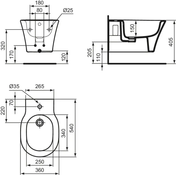 Ideal Standard Bidet „ConnectAir“, Befestigung verdeckt 36 × 54 × 30 cm