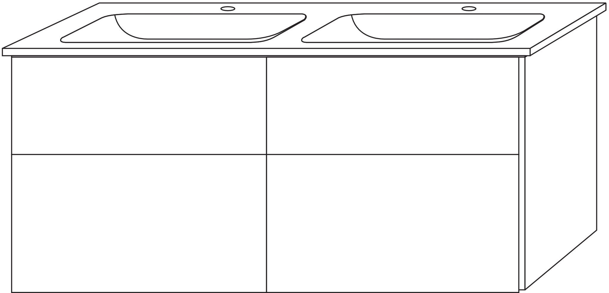 Sanipa Keramik-Waschtisch-Waschtischunterschrank mit Waschtischunterschrank „3way“ 1255 × 591 × 477 mm in Vulkan (matt), mit Hahnlochbohrung, Becken links und rechts