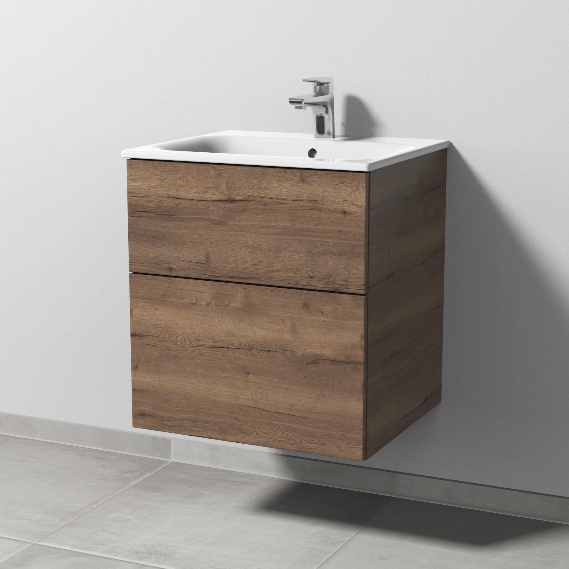 Sanipa Waschtischunterschrank „3way“ passend zu Keramik-Waschtische Renova Plan Slim von Geberit 535 × 582 × 472 mm in Eiche Tabak