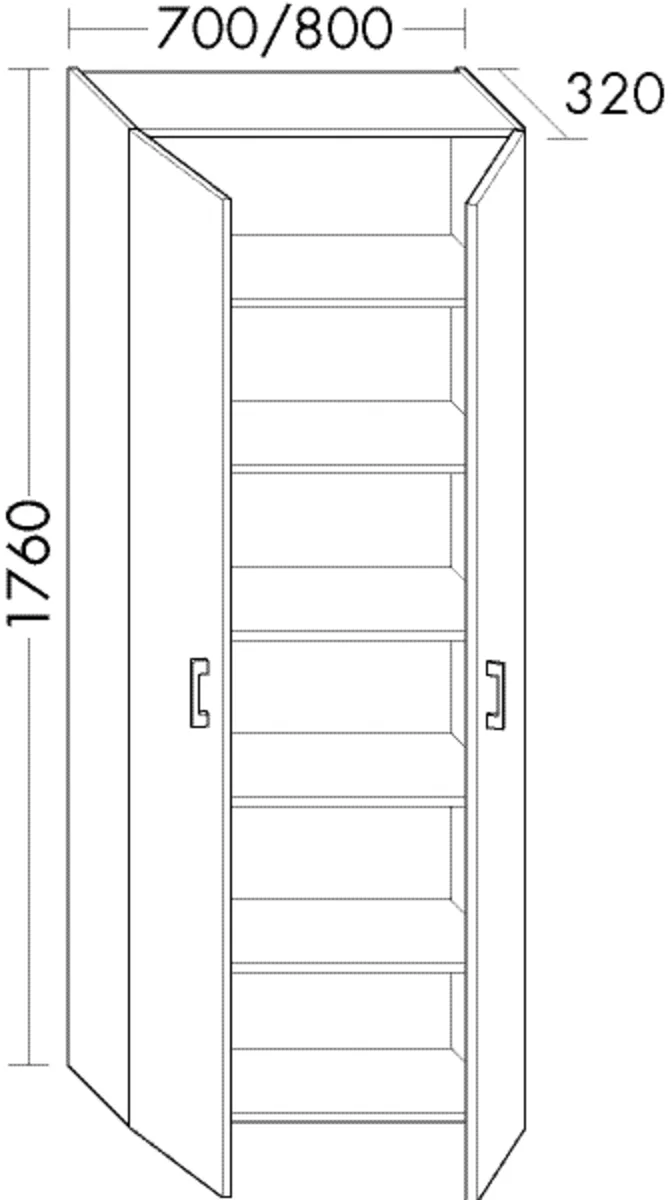 Hochschrank, 2 Türen;4 Holzeinlegeböden;1 fester Boden, Tiefe: 320 mm, Breite: 800 mm, Höhe: 1760 mm