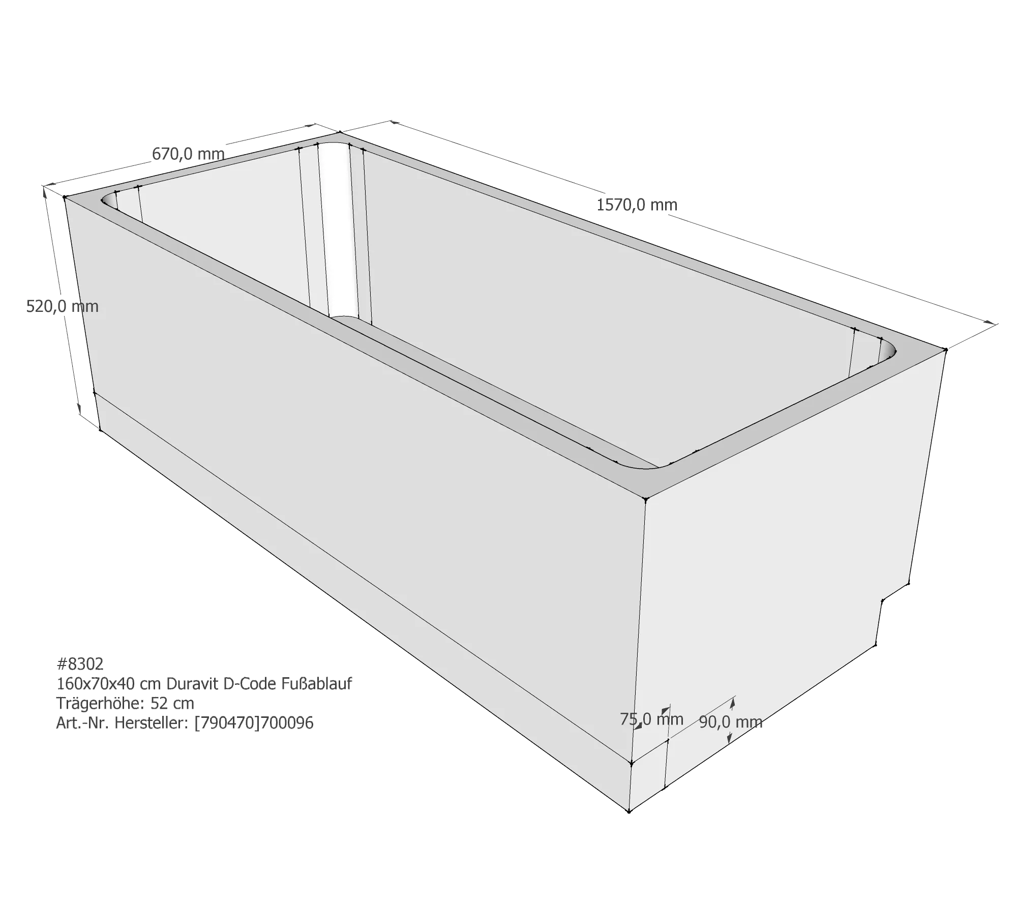 Badewannenträger für Duravit D-Code 160 × 70 × 40 cm Ablauf: Fußablauf / Breite: 70 cm / Länge: 160 cm Badewannenträger für Duravit D-Code 160 × 70 × 40 cm Ablauf: Fußablauf / Breite: 70 cm / Länge: 160 cm