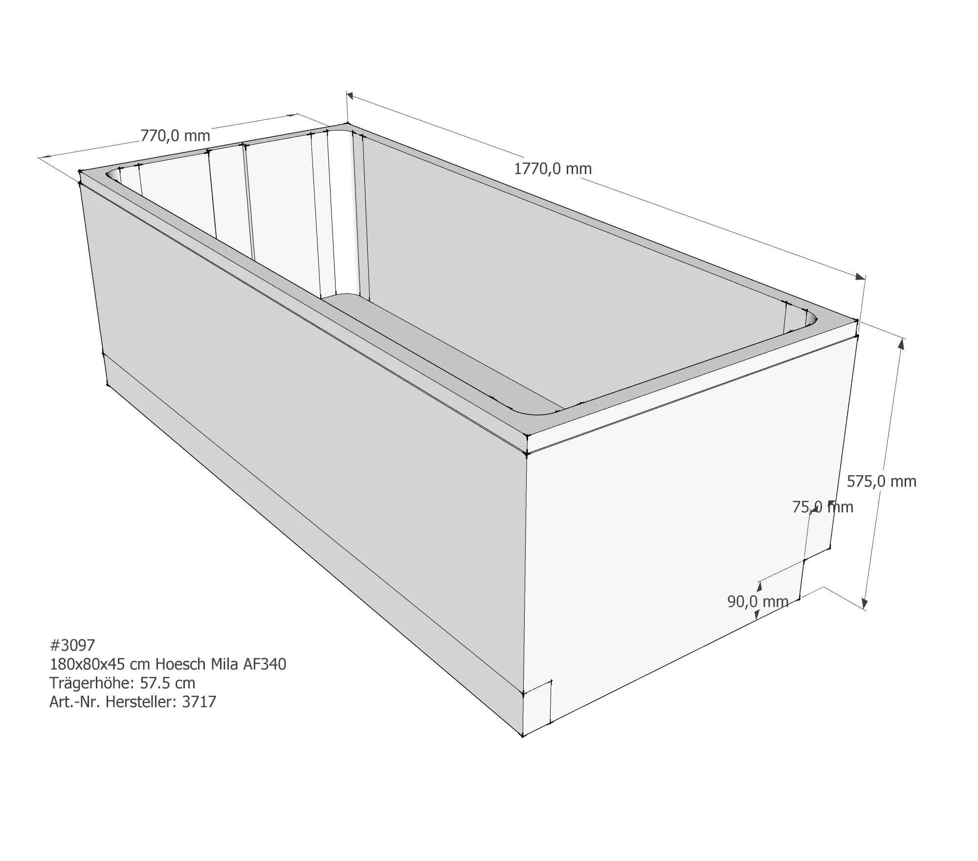 Badewannenträger passend für Hoesch Mila 180 × 80 × 45 cm