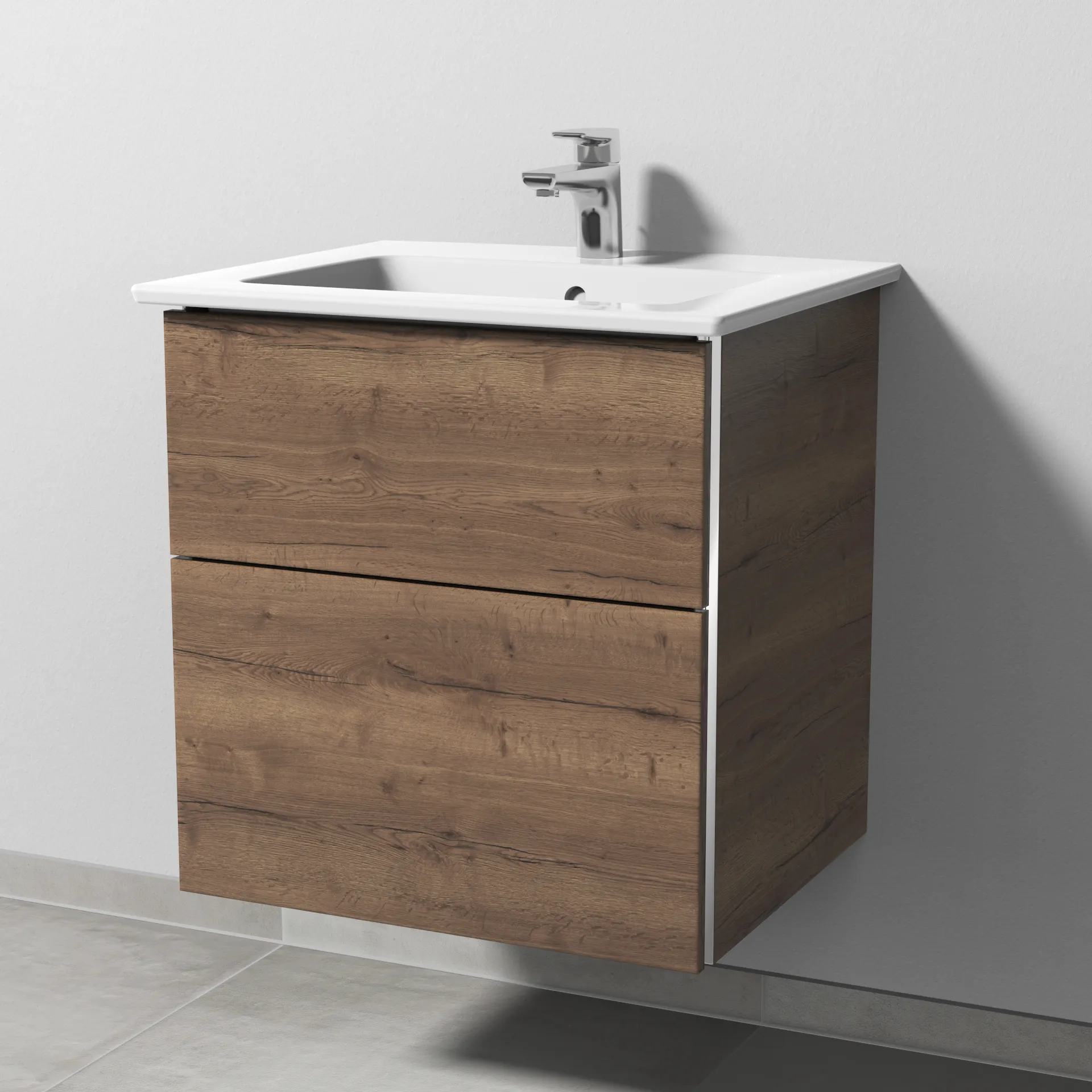 Sanipa Keramik-Waschtisch-Waschtischunterschrank mit Waschtischunterschrank „3way“ 555 × 591 × 477 mm in Eiche Tabak, mit Hahnlochbohrung, Becken