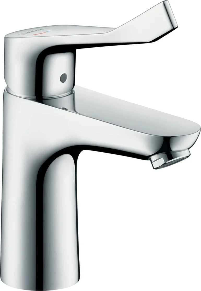 Hansgrohe Waschtischmischer Focus Care 100 CoolStart, Chrom, Ausladung 119 mm, Auslaufhöhe 94 mm, extra langer Comfortgriff 12,1 cm, Hebelgriff, Laminarstrahl, max. Durchflussmenge 5 l/min bei 3 bar, Keramikmischsystem, einstellbare Temperaturbegrenzung