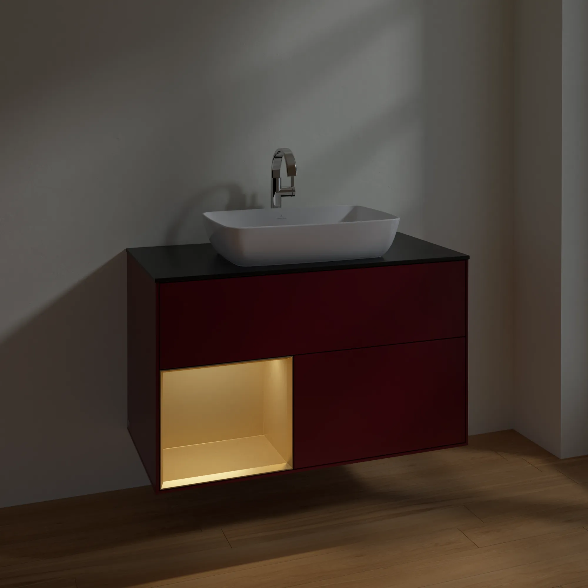Villeroy & Boch Waschbeckenunterschrank Finion F77, 1000x603x501 mm, Peony Matt Lacquer mit Gold Regal, Beleuchtung dimmbar, SoftClosing, Push-to-open Villeroy & Boch Waschbeckenunterschrank Finion F77, 1000x603x501 mm, Peony Matt Lacquer mit Gold Regal, Beleuchtung dimmbar, SoftClosing, Push-to-open
