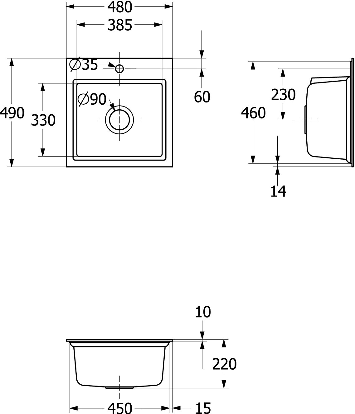 Villeroy & Boch flächenbündiges Küchenspülbecken „Subway Style“ 50 S flat 500 × 510 × 220 mm, für Becken rechts in Ivory
