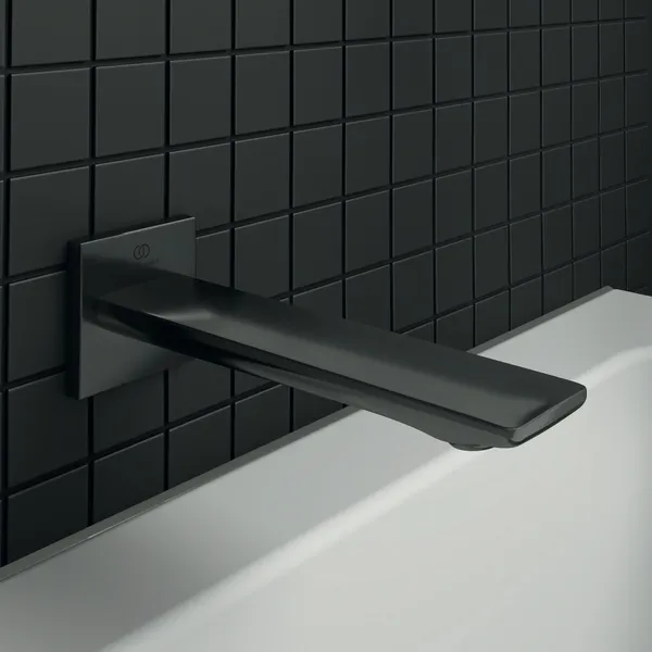 Wandauslauf Conca, Ausladung 180mm, mit eckiger Rosette, Brushed Gold Wandauslauf Conca, Ausladung 180mm, mit eckiger Rosette, Brushed Gold