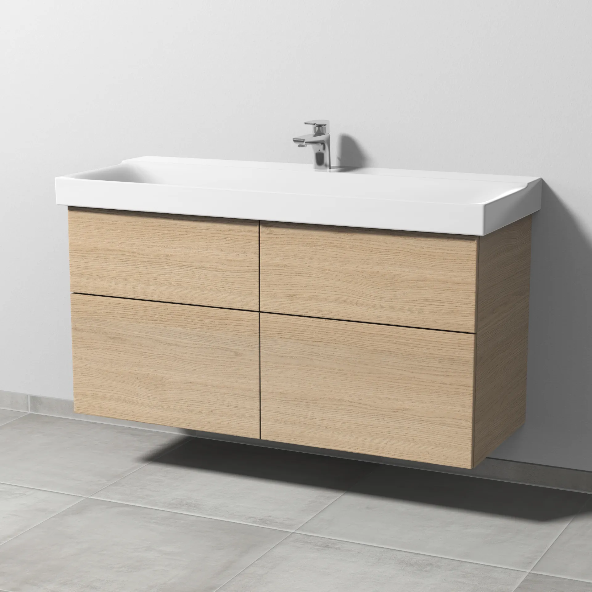 Sanipa Waschtischunterschrank „3way“ passend zu Keramik-Waschtische Xeno2 von Geberit 1150 × 593 × 452 mm in Eiche Nordic, Becken mittig