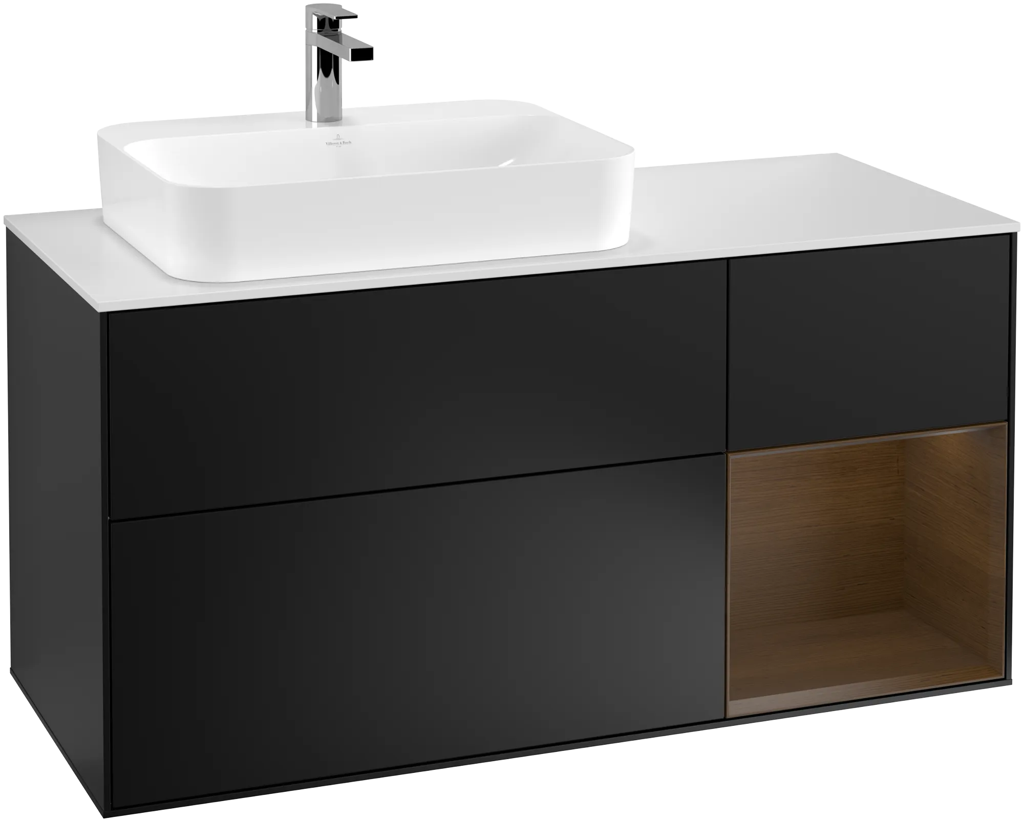 Villeroy & Boch Finion Waschbeckenunterschrank G40, 1200x603x501mm, Black Matt Lacquer / Walnut Veneer / Glass White Matt