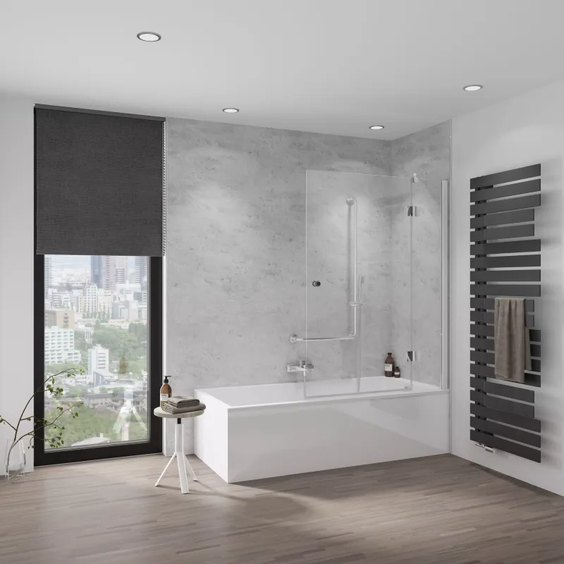 HSK teilgerahmt Badewannenaufsatz 2-teilig „Aperto“ pendelbar an Nebenteil Glas Bodennebel, Profile Chromoptik (Alu Hochglanz poliert), B: 1140 mm H: 1500 mm HSK teilgerahmt Badewannenaufsatz 2-teilig „Aperto“ pendelbar an Nebenteil Glas Bodennebel, Profile Chromoptik (Alu Hochglanz poliert), B: 1140 mm H: 1500 mm