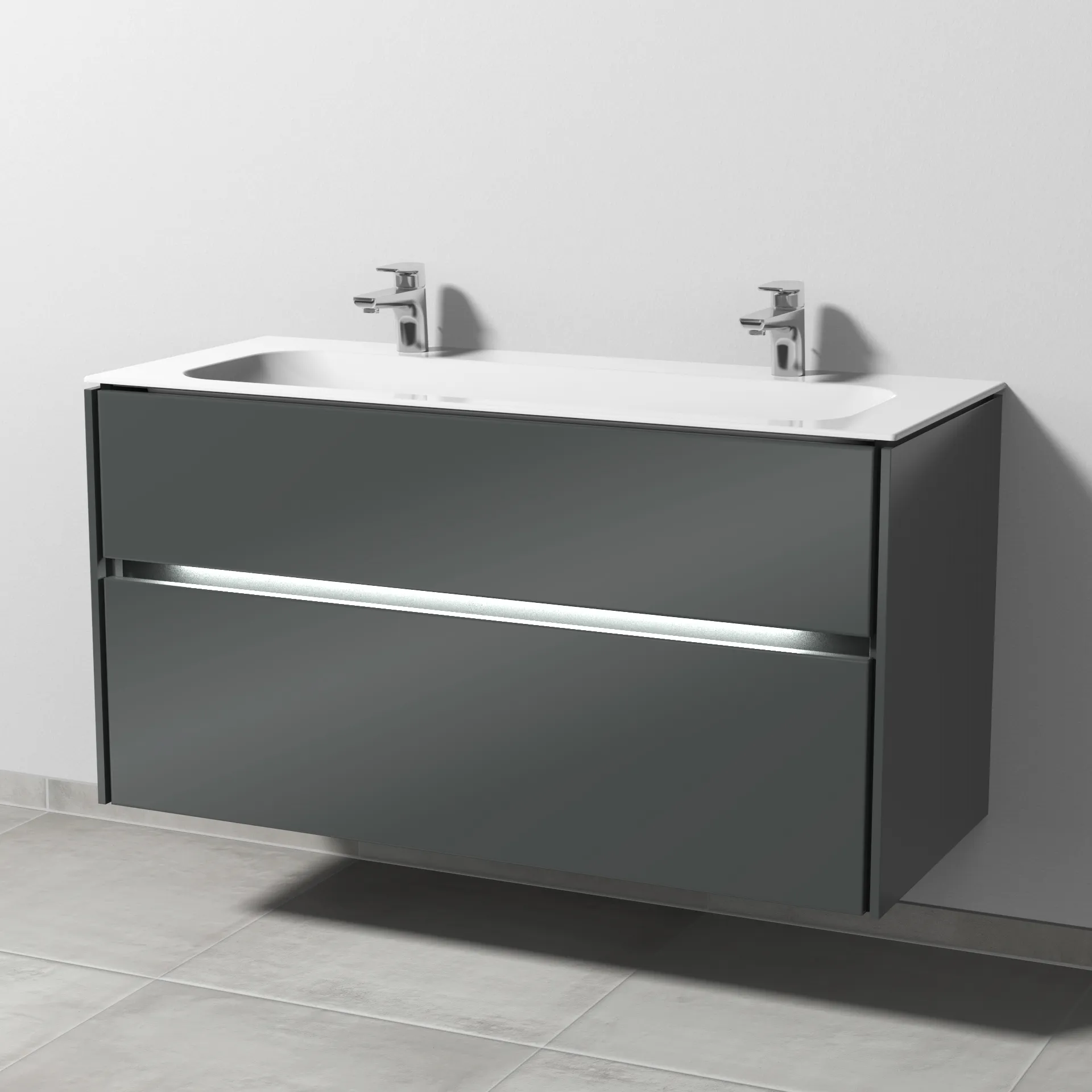 Keramik-Waschtisch-Set mit Waschtischunterschrank „Twiga“ 119 × 50 × 61 cm in Anthrazit (glanz), mit Hahnlochbohrung, mit Beleuchtung Keramik-Waschtisch-Set mit Waschtischunterschrank „Twiga“ 119 × 50 × 61 cm in Anthrazit (glanz), mit Hahnlochbohrung, mit Beleuchtung