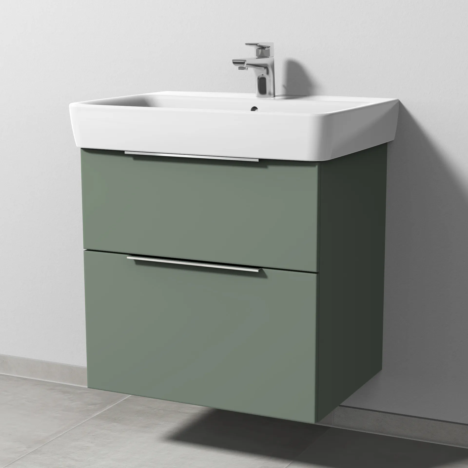 Sanipa Waschtischunterschrank „3way“ passend zu Keramik-Waschtische Renova Plan von Geberit 590 × 588 × 407 mm in Soft-Green, Becken mittig