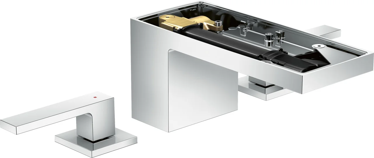 Hansgrohe AXOR MyEdition 3-Loch Waschtischarmatur Chrom, Ausladung 151 mm, Auslaufhöhe 70 mm, Hebelgriff, PowderRain Strahlart, max. Durchfluss 5 l/min, DN15 Anschluss Hansgrohe AXOR MyEdition 3-Loch Waschtischarmatur Chrom, Ausladung 151 mm, Auslaufhöhe 70 mm, Hebelgriff, PowderRain Strahlart, max. Durchfluss 5 l/min, DN15 Anschluss