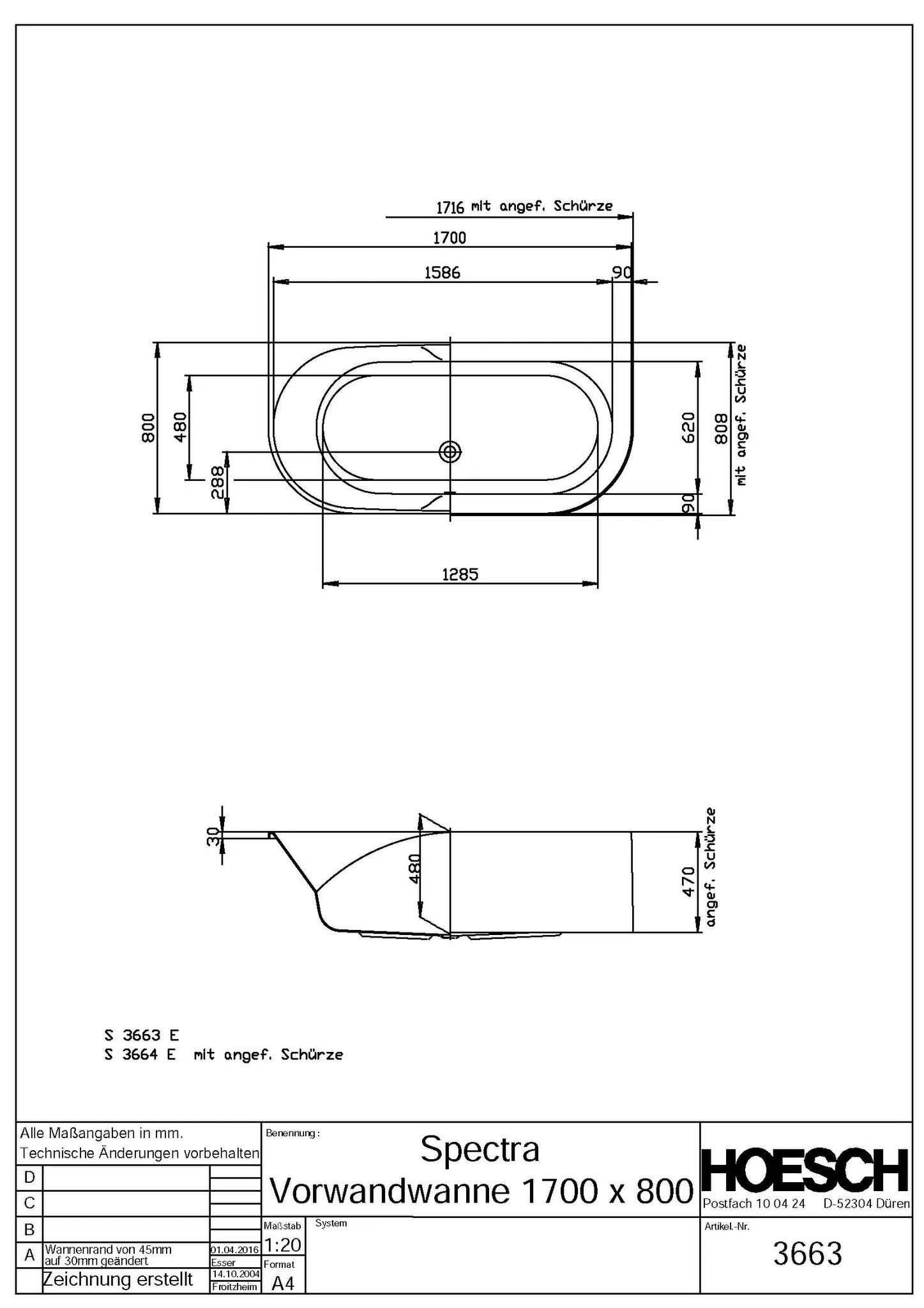 Hoesch Badewanne „Spectra“ vorwand halbkreis 170 × 80 cm, ohne Schürze in Weiß